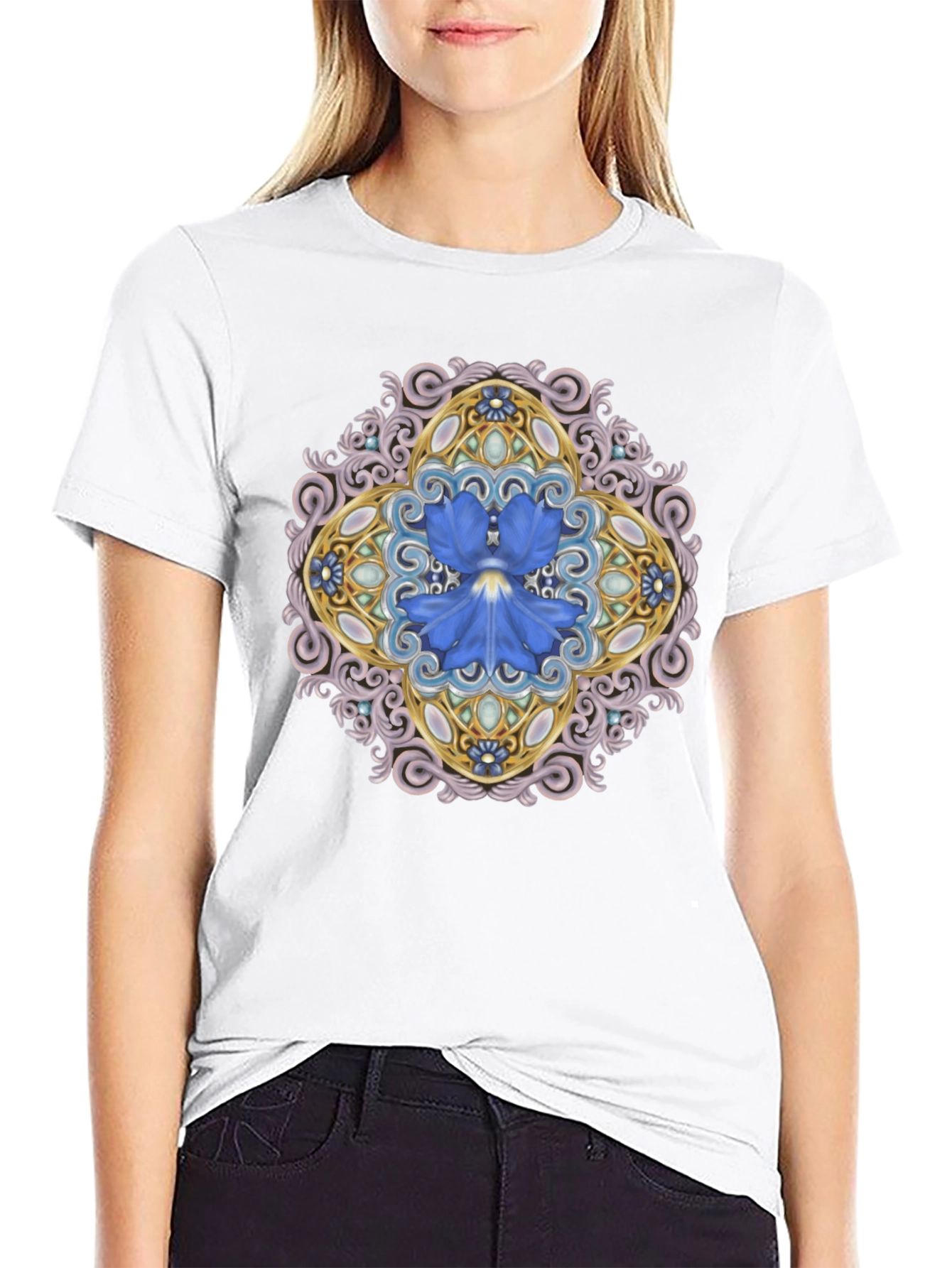 Black Floral Mandala Graphic Black T-Shirt view 9