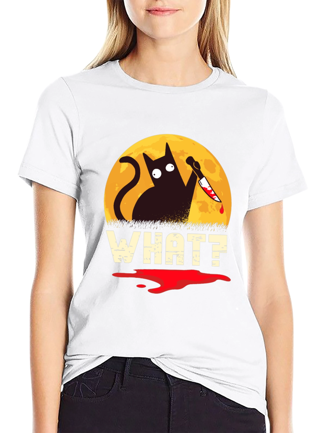 Black Funny Cat What? T-Shirt Halloween Black Cat with Knife Tee view 9
