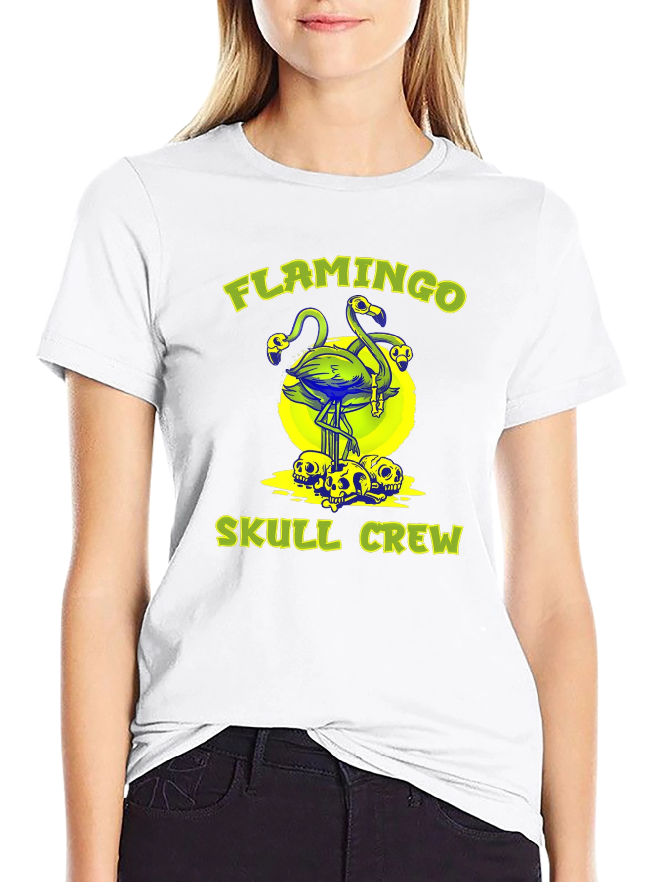Black Flamingo Skull Crew Graphic Tee - Unique Design view 9