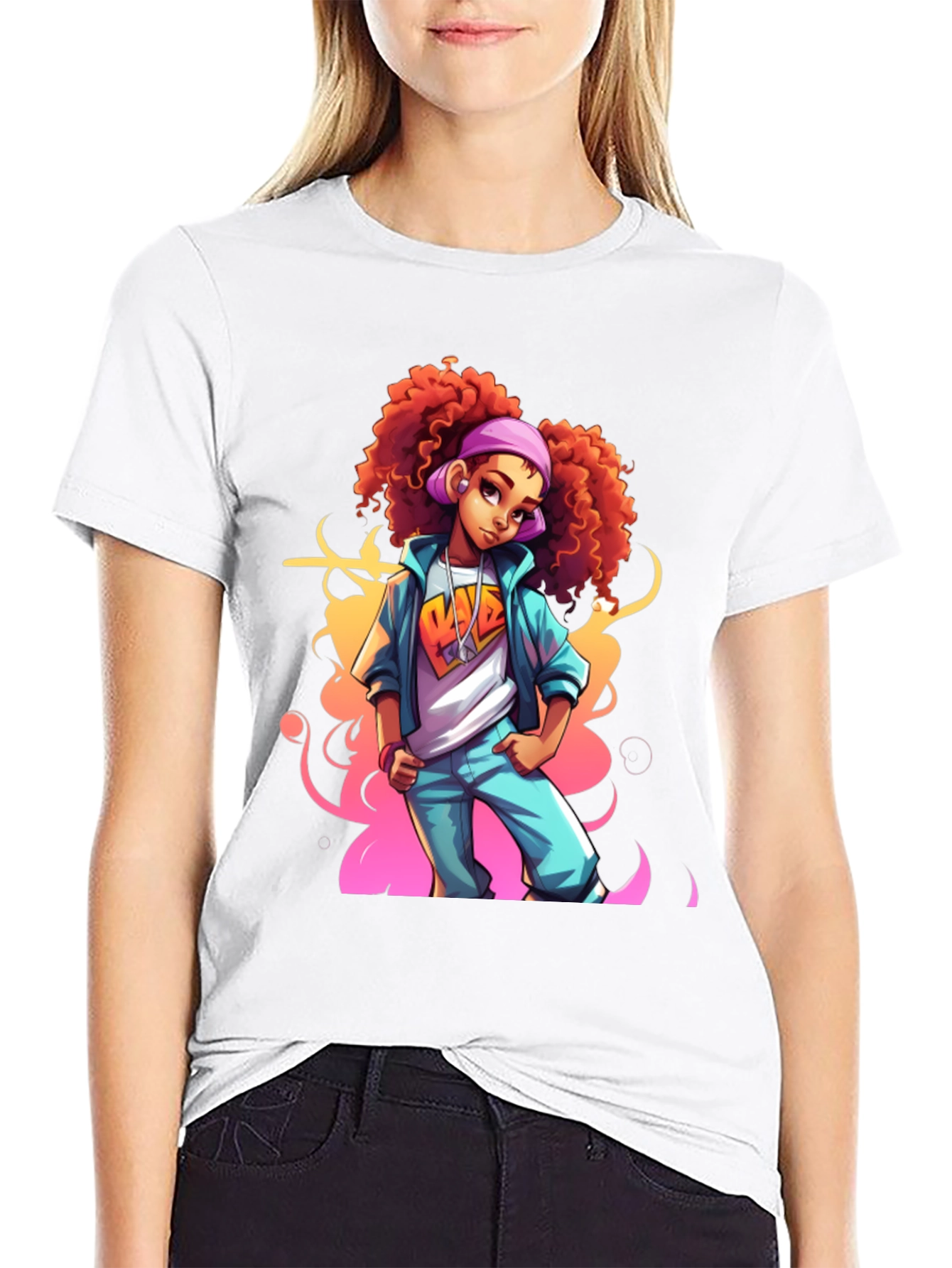 Black Cartoon Girl Graphic Black T-Shirt view 9