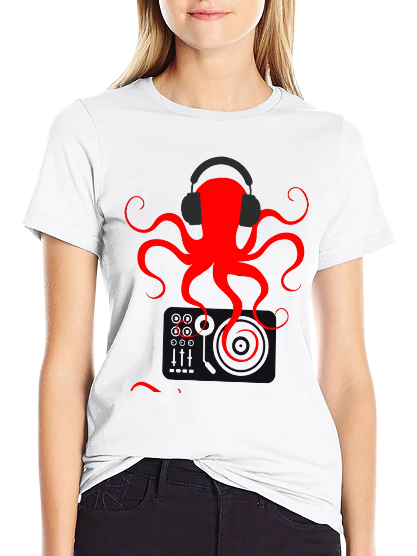 Black Red Octopus Headphones Graphic T-Shirt view 9