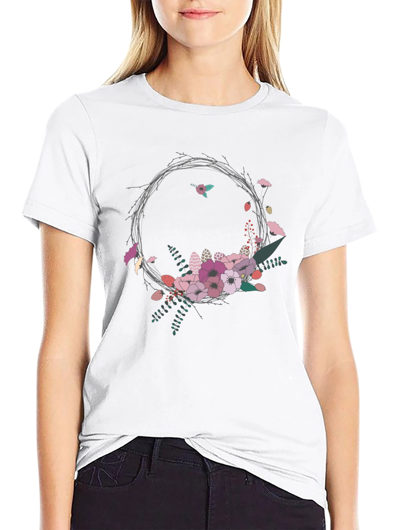 Black Floral Wreath Graphic Tee - Stylish and Unique view 9