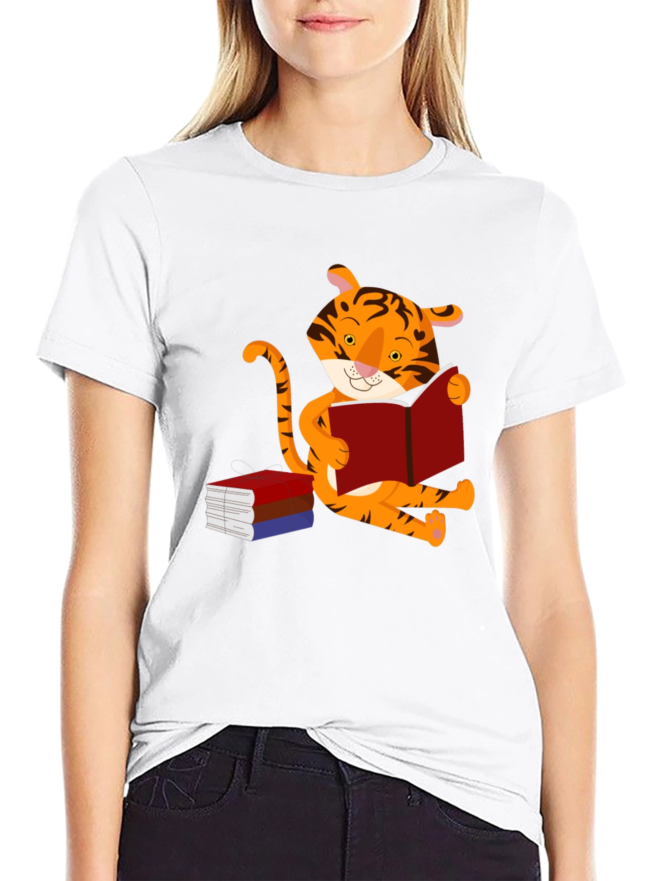 Black Cute Tiger Reading Book Graphic T-Shirt view 9
