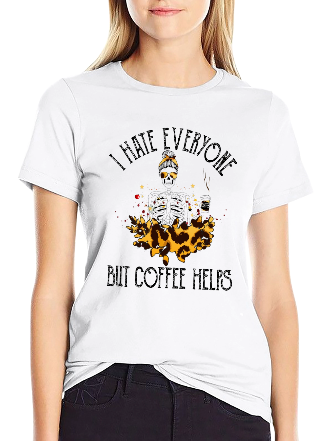 Black I Hate Everyone But Coffee Helps Graphic Tee view 9