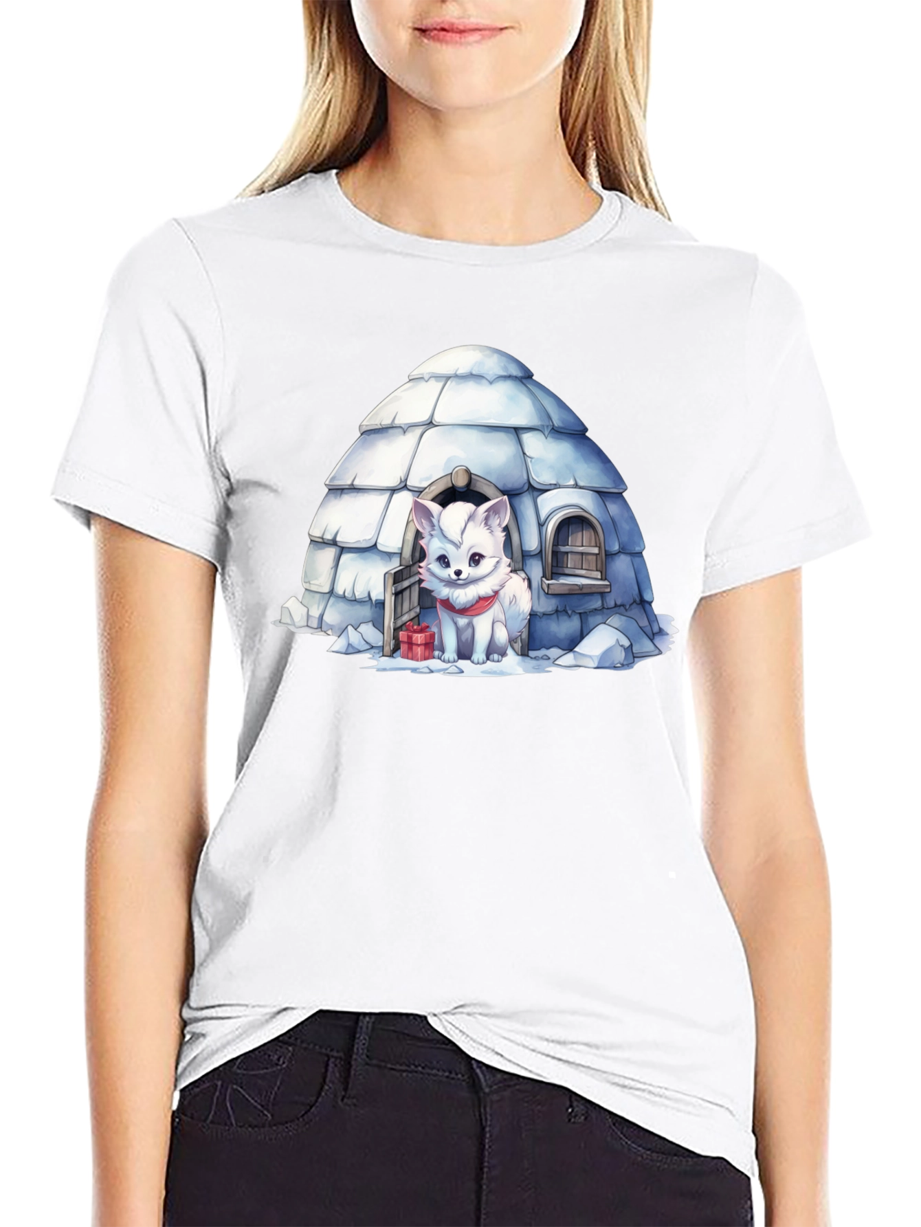 Black Cute Arctic Fox in Igloo Graphic Tee view 9
