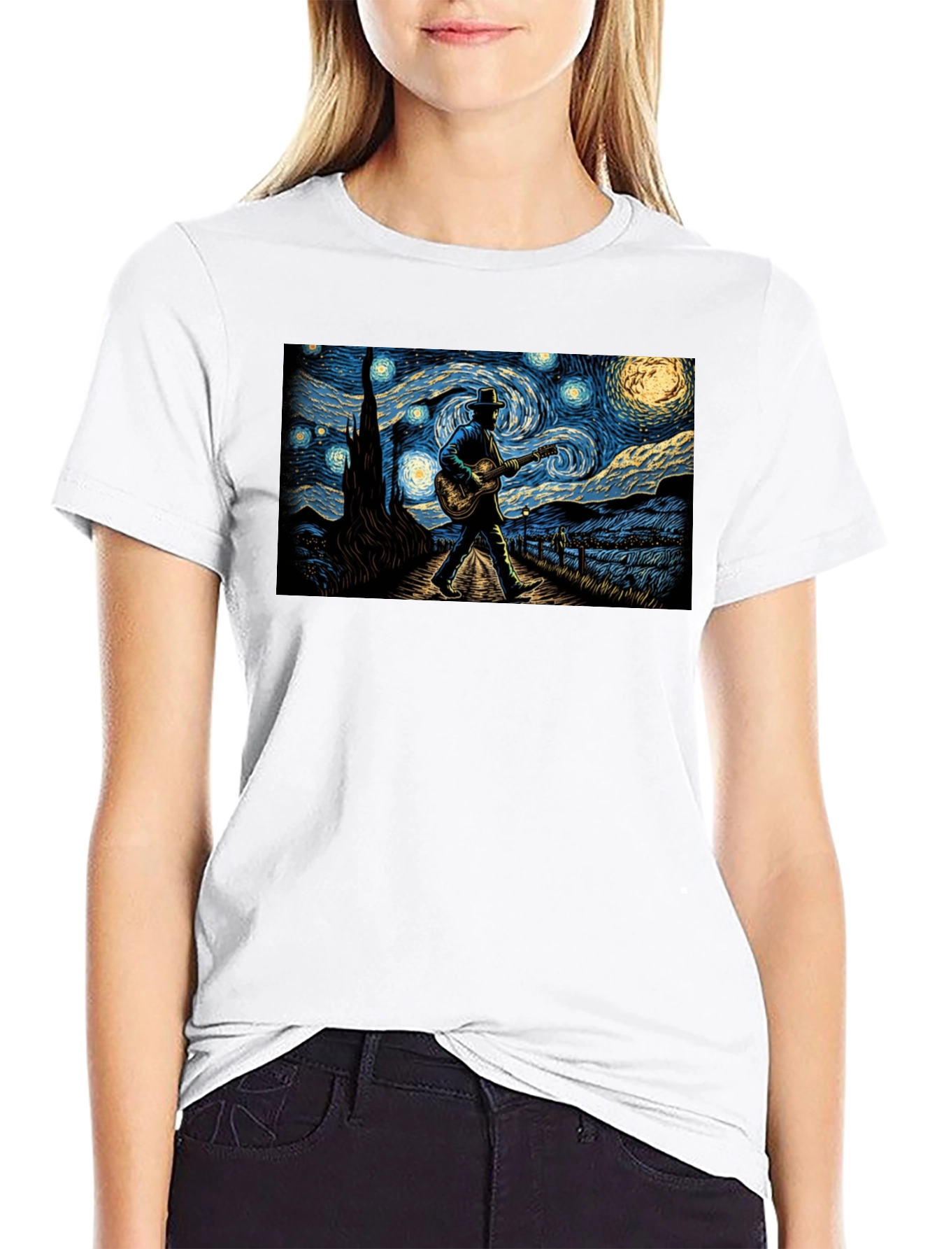 Black Starry Night Guitar Player Graphic Tee view 9