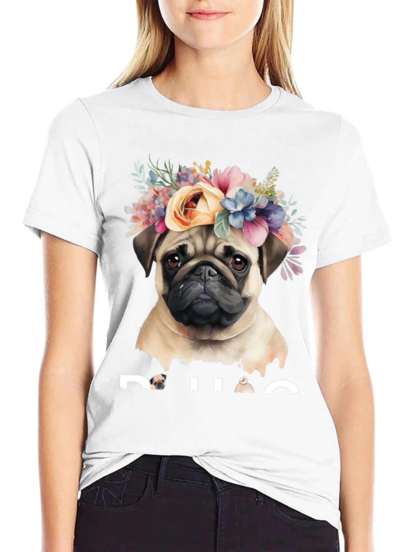 Black Pug Floral Crown Graphic Tee - Black Cotton T-Shirt view 9