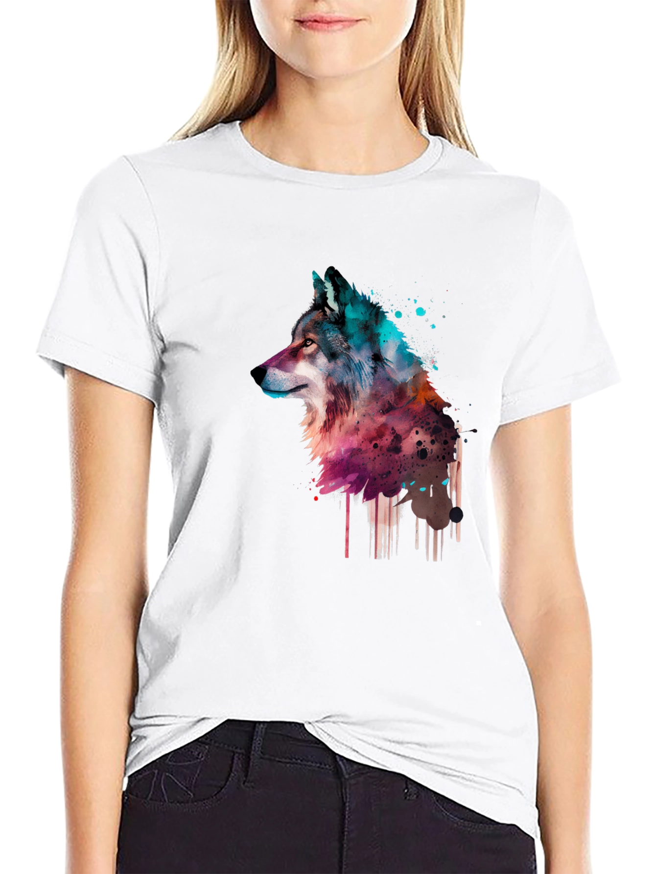 Black Watercolor Wolf Graphic Black T-Shirt view 9