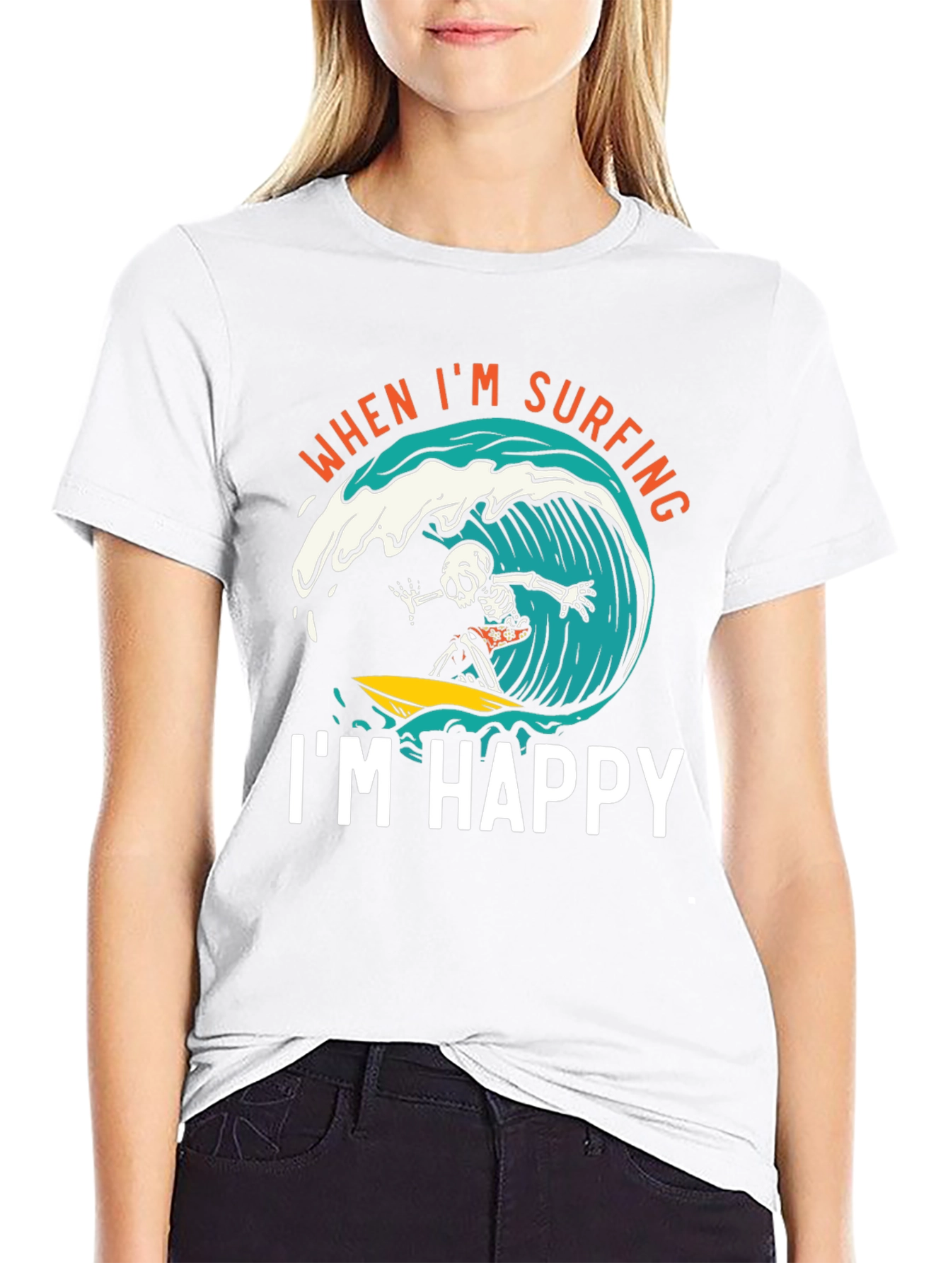 Surfing Skeleton Graphic Tee - "When I'm Surfing, I'm Happy" Black T-Shirt - 9