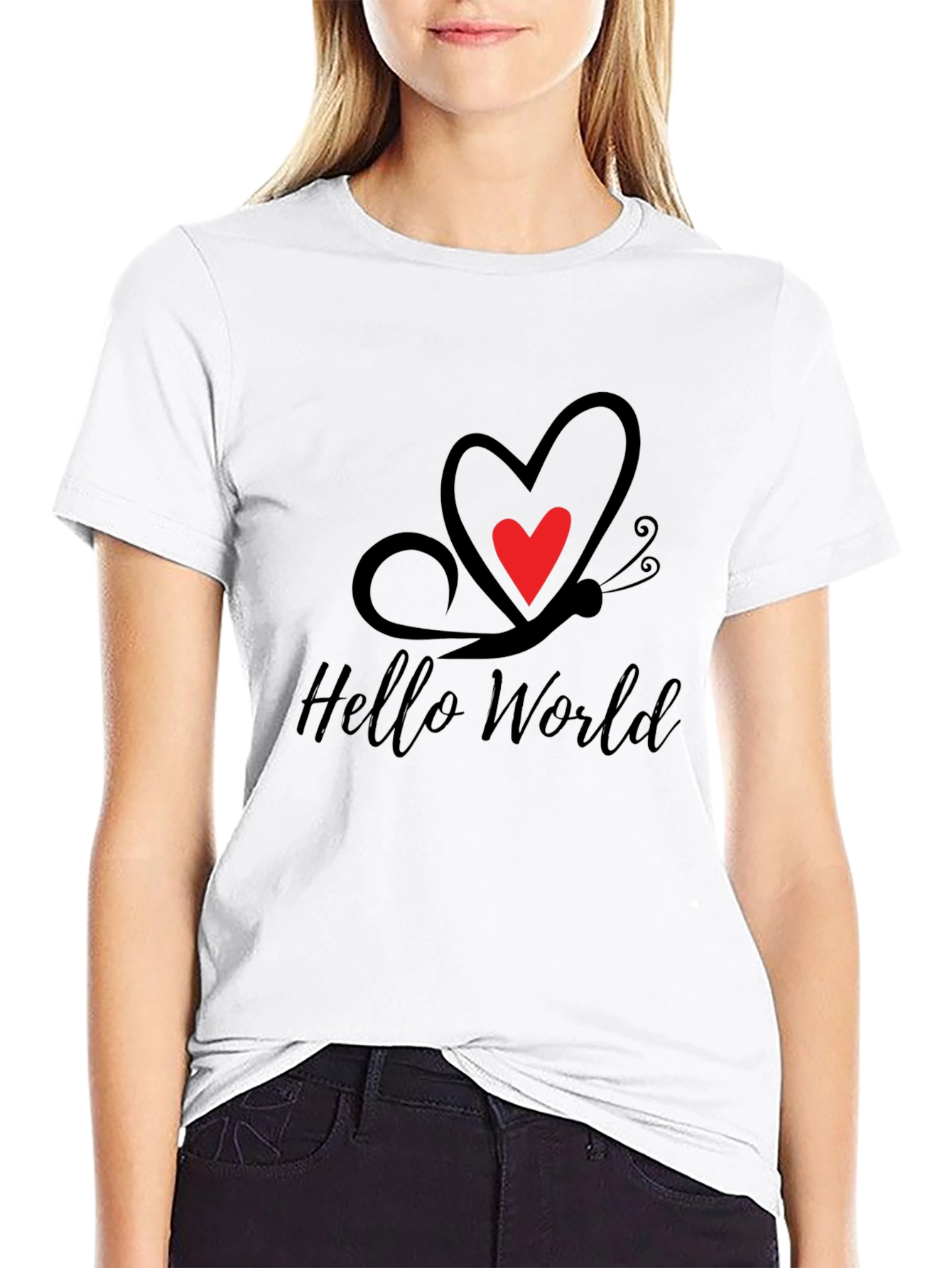 Black Hello World Butterfly Heart Tee view 9