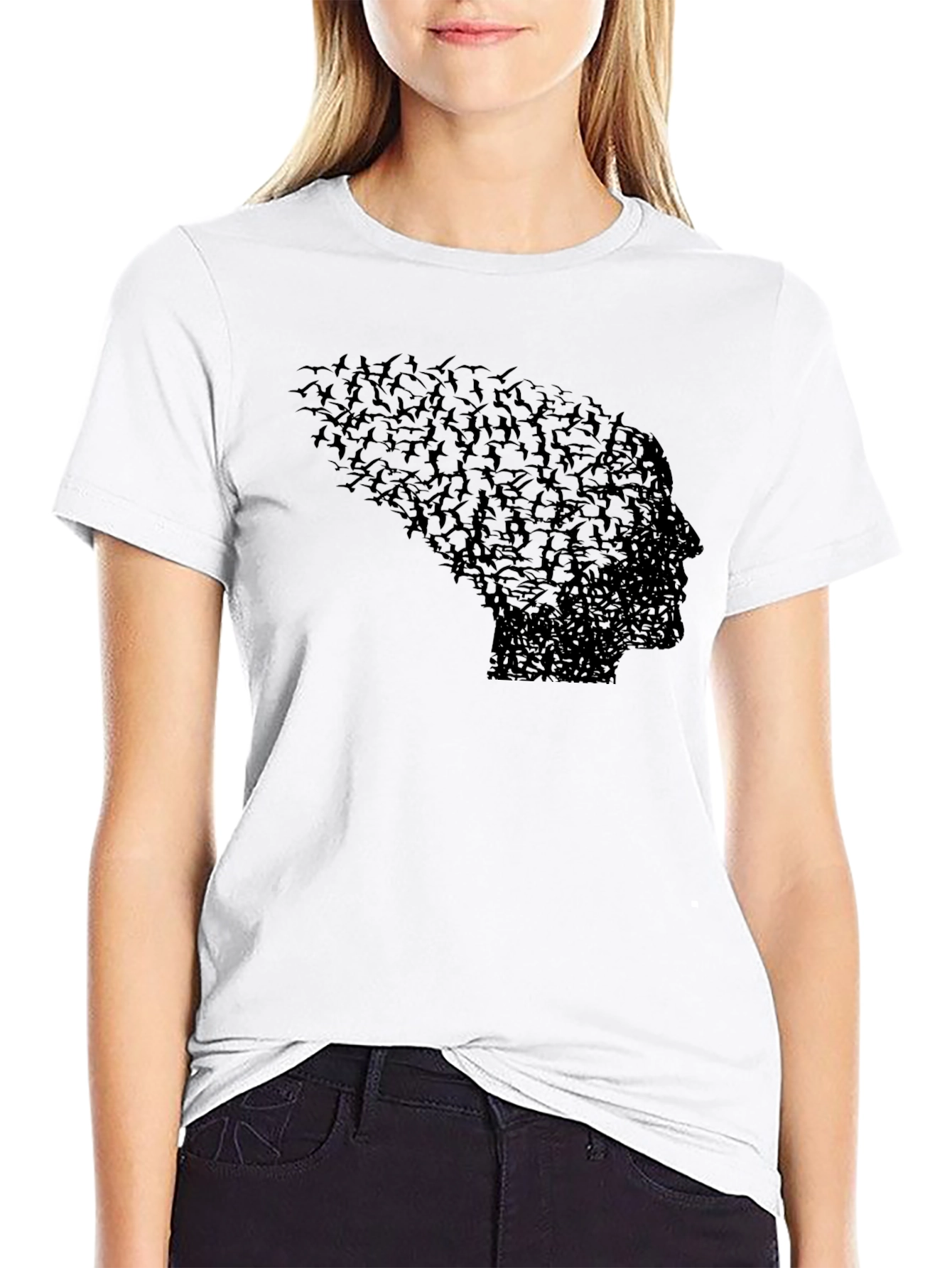 Black Birds Forming Head T-Shirt, Unique Graphic Tee, Black view 9