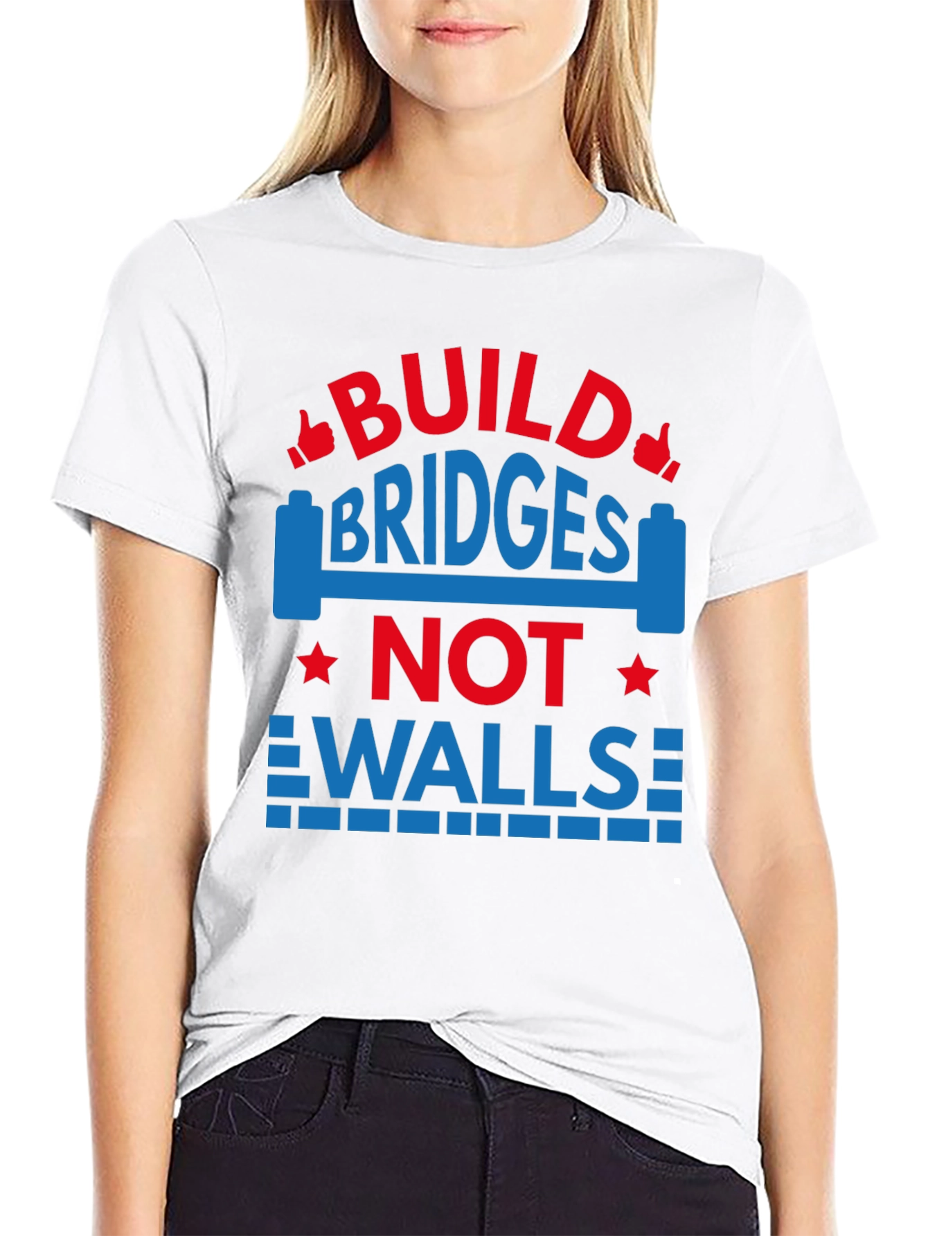 Black Build Bridges Not Walls Graphic Tee view 9