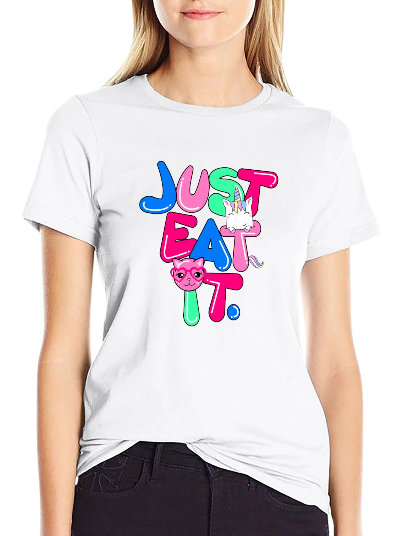 Black Just Eat It Graphic T-Shirt - Funny Cat & Unicorn Design view 9