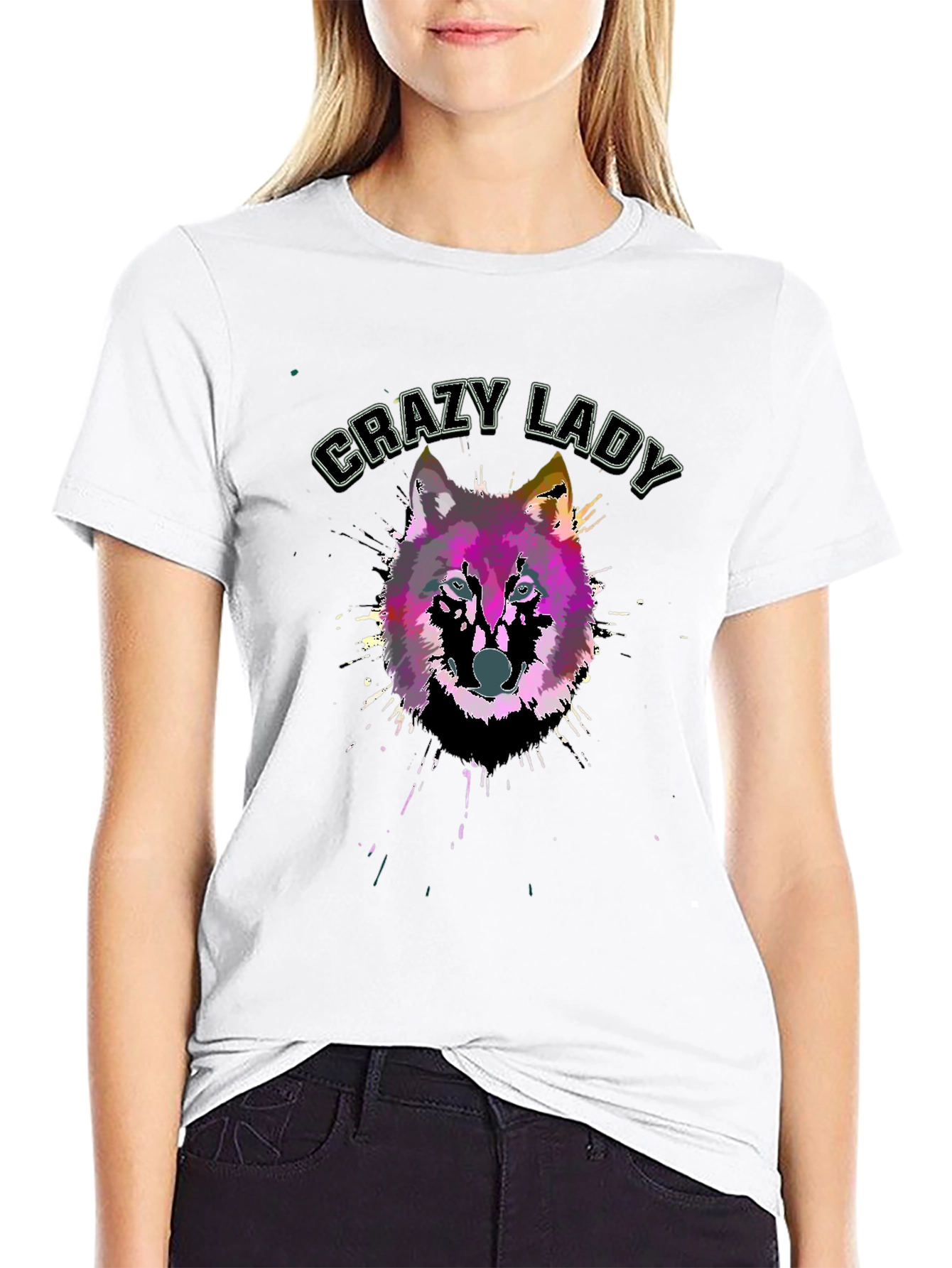 Black Crazy Lady Wolf Graphic Black T-Shirt view 9
