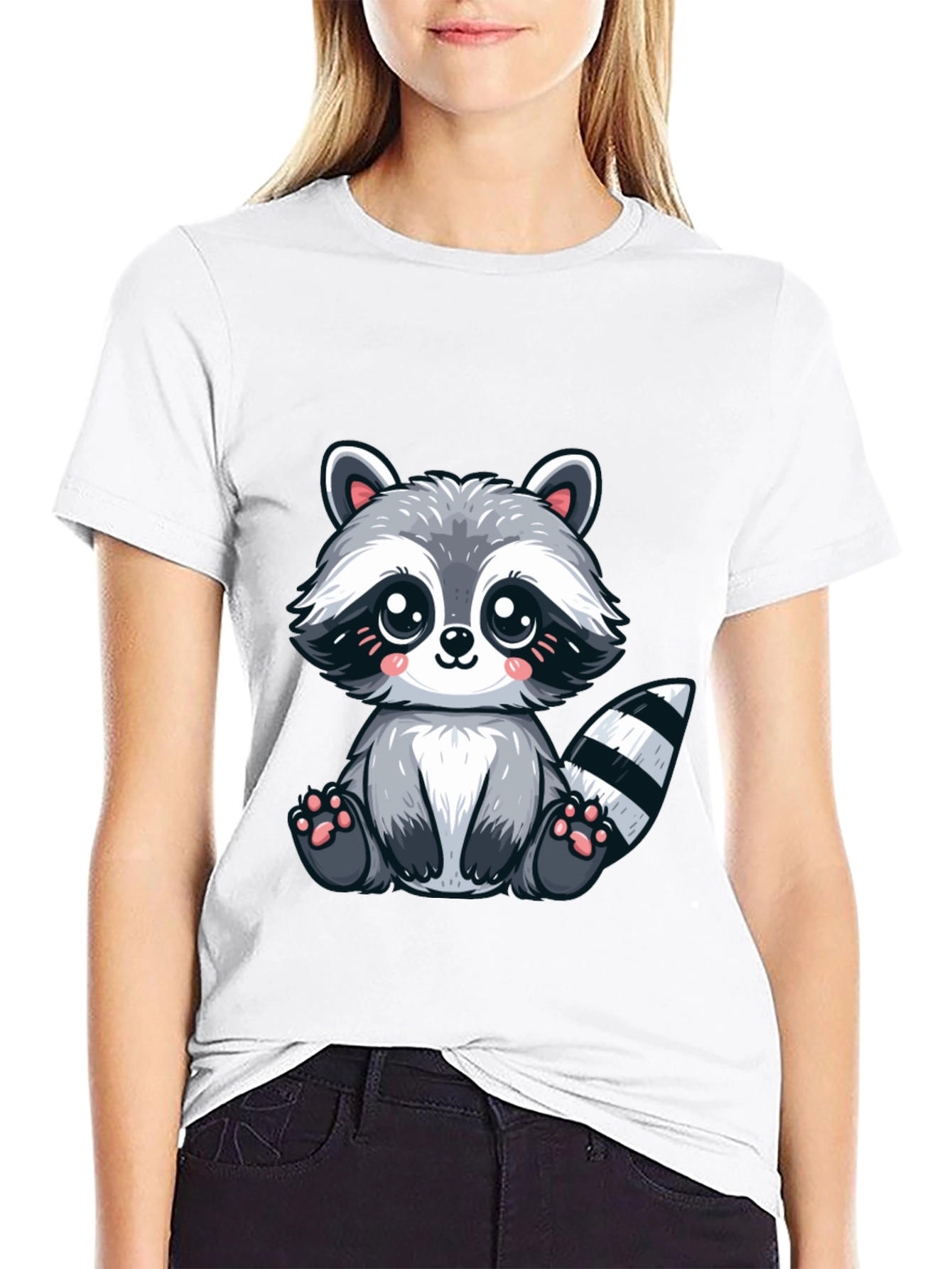 Black Cute Cartoon Raccoon Graphic Tee - Soft Black Cotton view 9