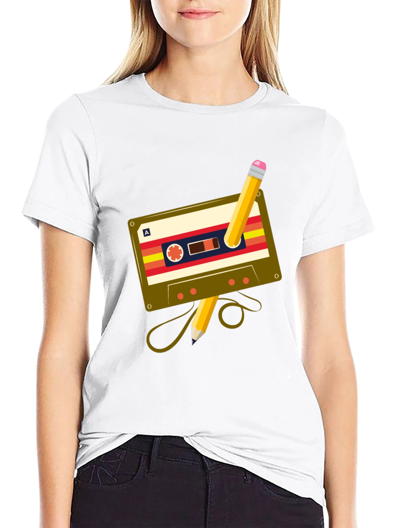 Black Retro Cassette & Pencil Graphic Tee - Music Lover's T-Shirt view 9