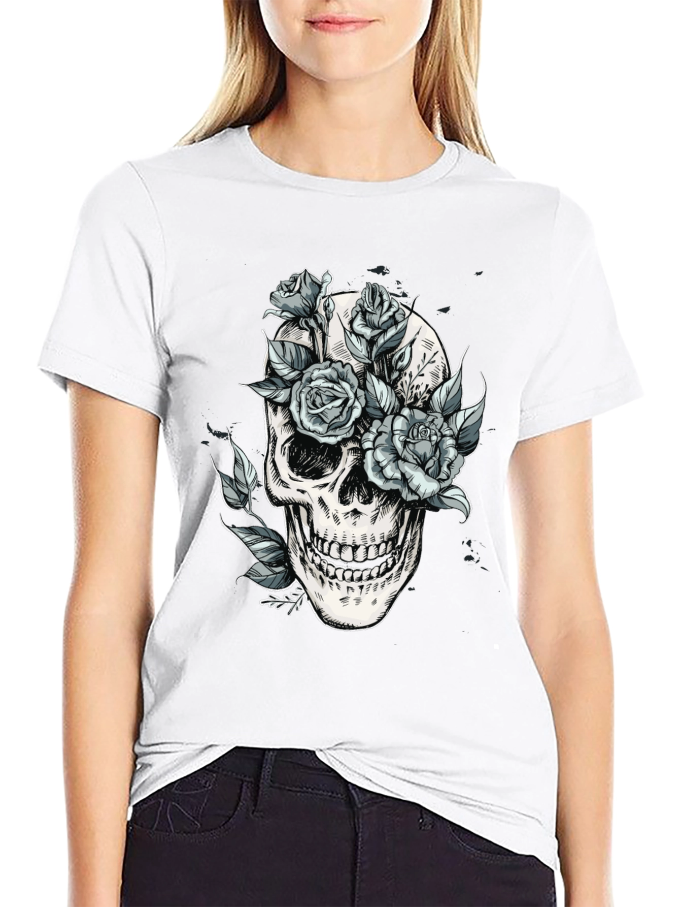 Black Skull & Roses Graphic Tee - Edgy Style view 9
