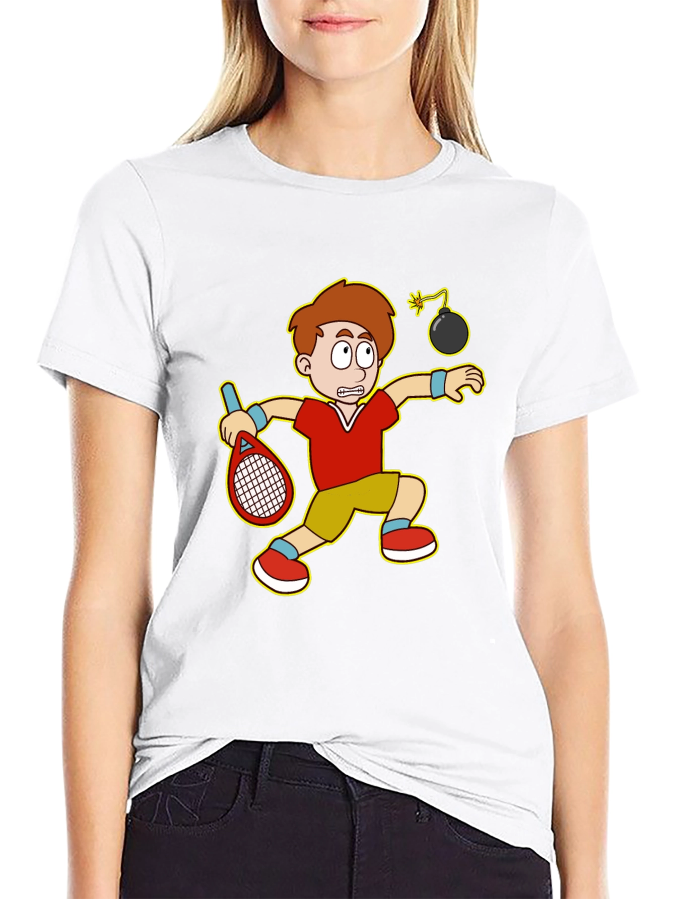 Black Funny Tennis Player Cartoon Graphic T-Shirt view 9
