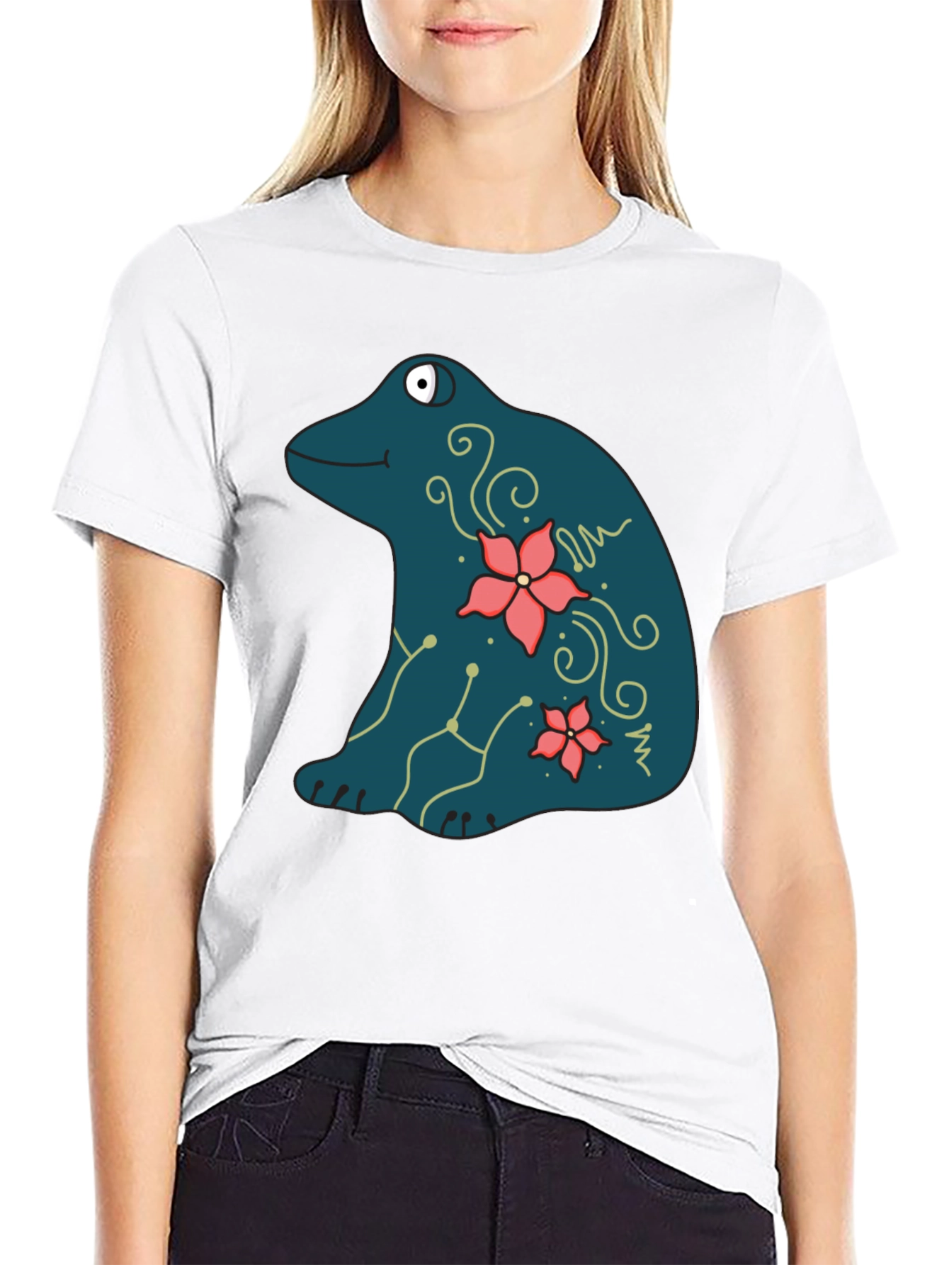 Black Frog and Flower Graphic Print Black T-Shirt view 9