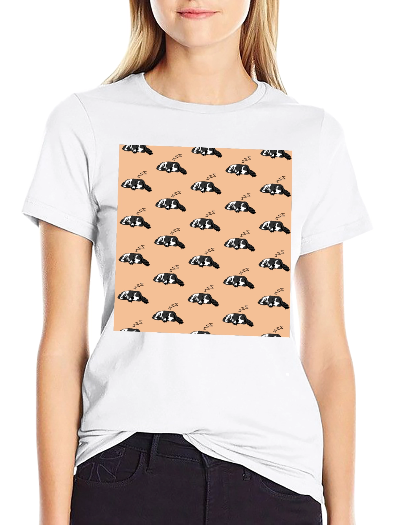 Cute Sleeping Dog Pattern Black T-Shirt - 9