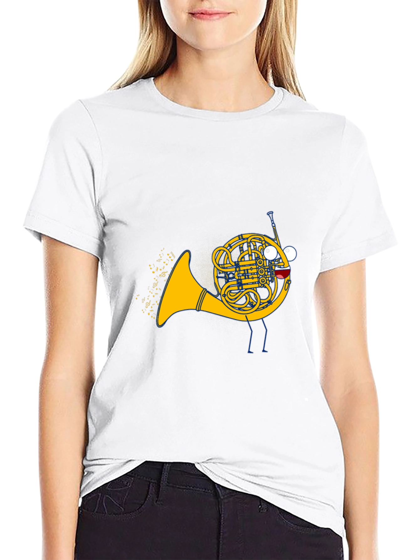 Black Musical French Horn Cartoon T-Shirt view 9