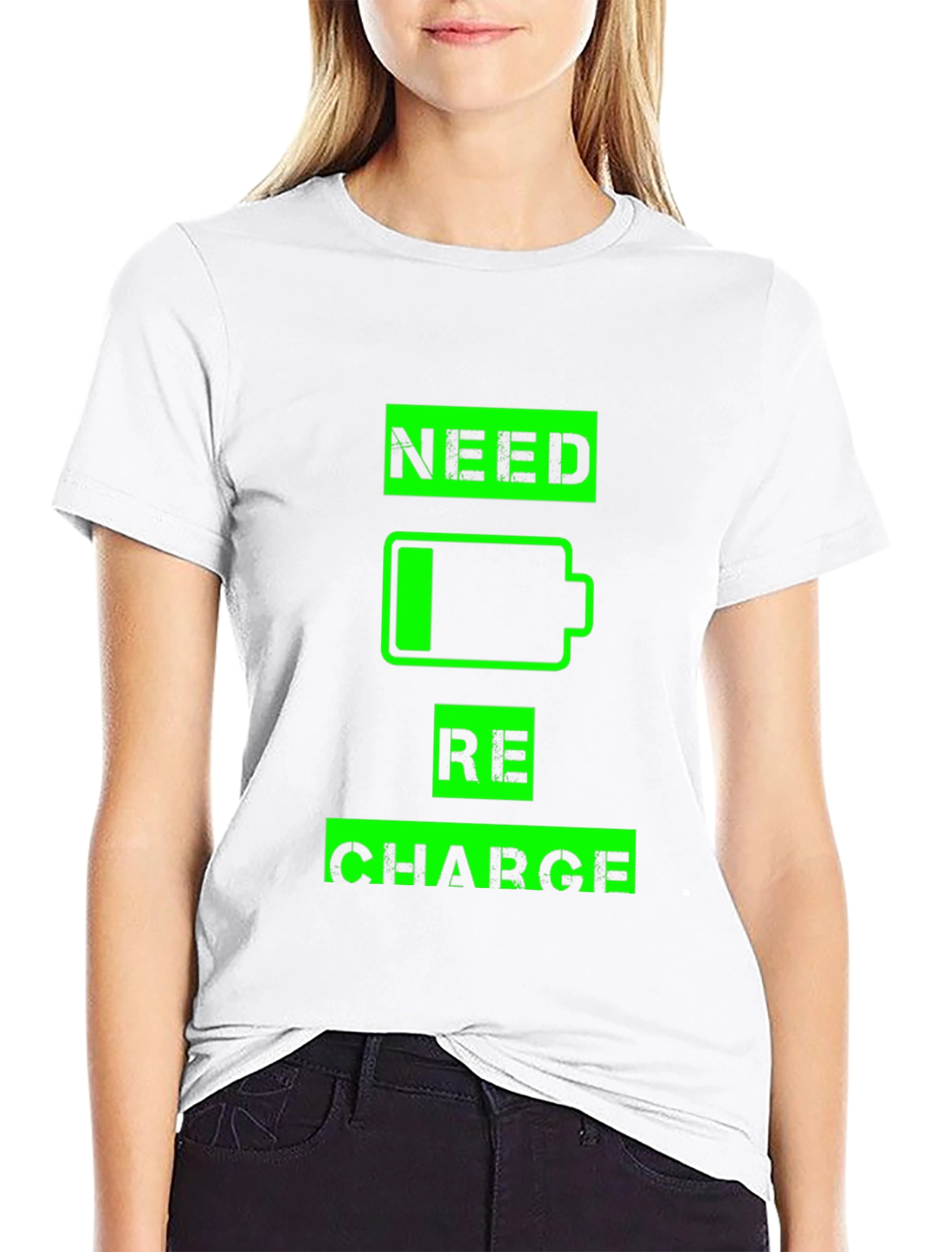 Black Need Recharge T-Shirt - Black Crew Neck Graphic Tee view 9