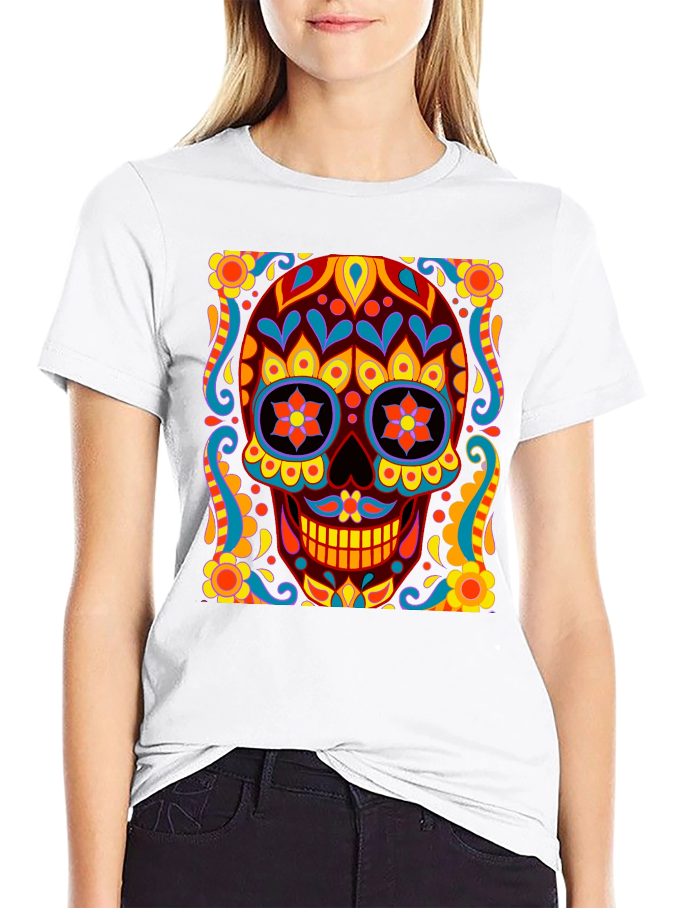 Black Day of the Dead Skull Graphic Black T-Shirt view 9