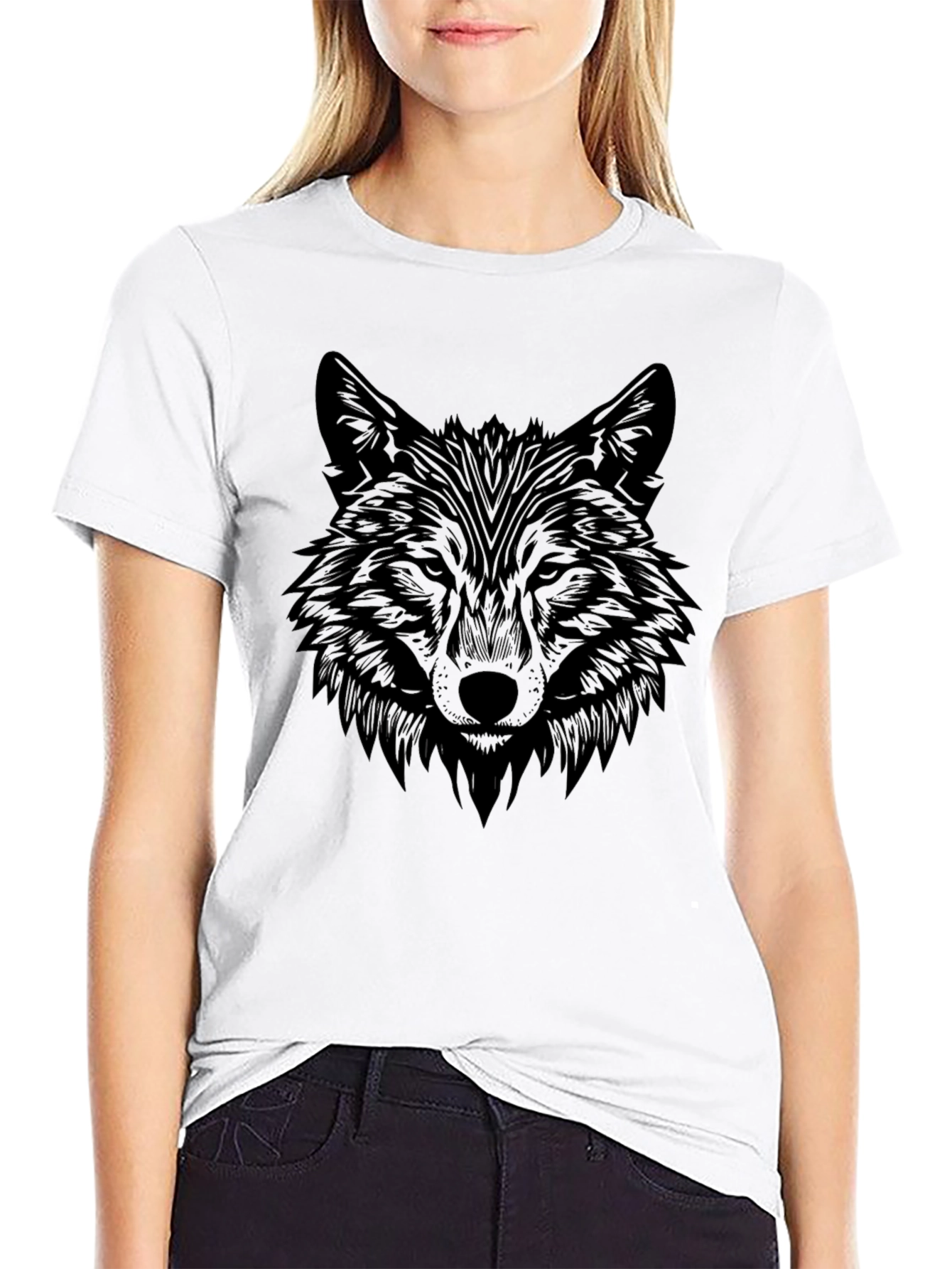 Black Wolf Graphic Print Black T-Shirt for Men view 9