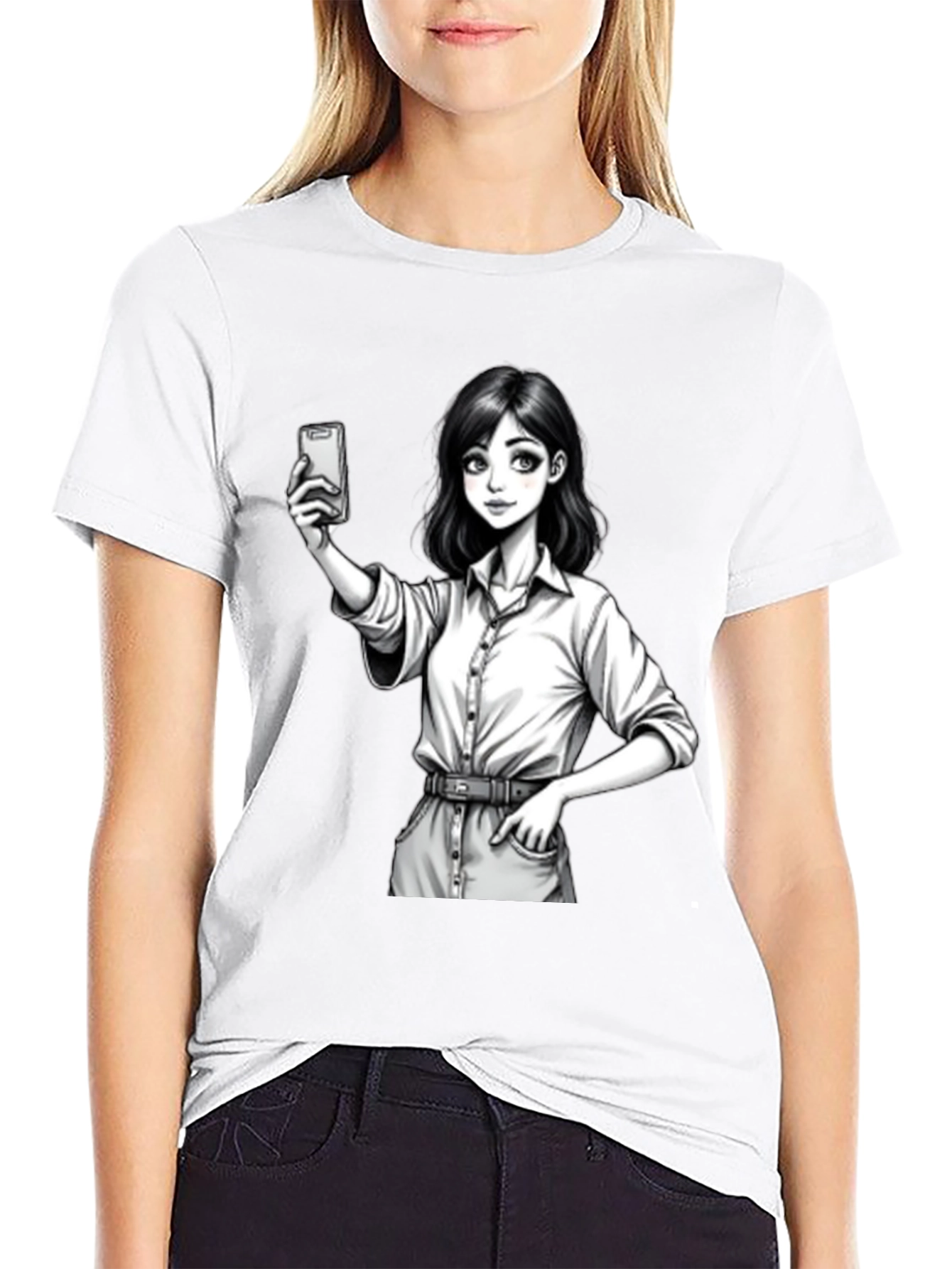 Black Anime Girl Selfie Black T-Shirt view 9