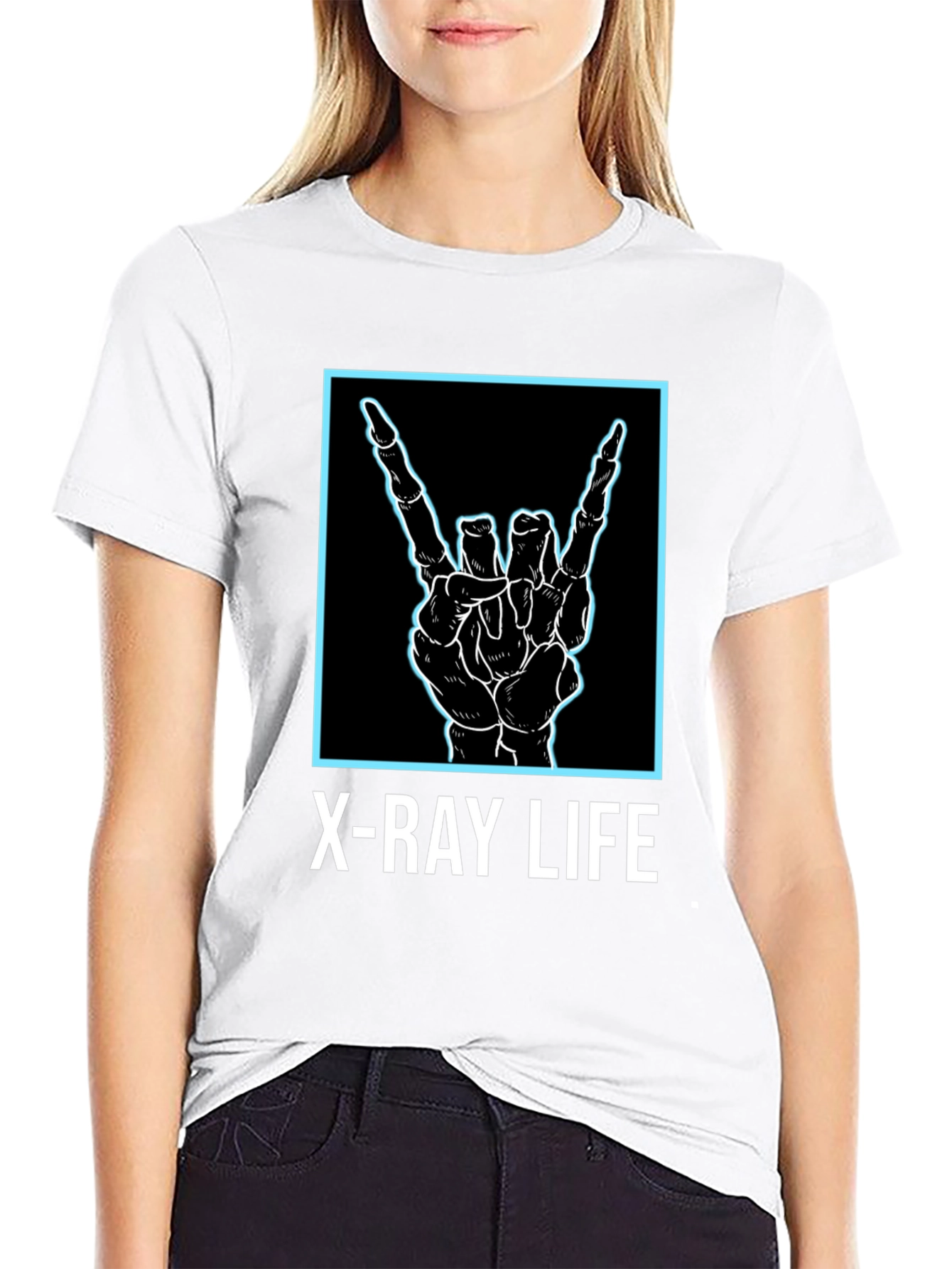 Black X-Ray Life Skeleton Hand Rock On T-Shirt view 9