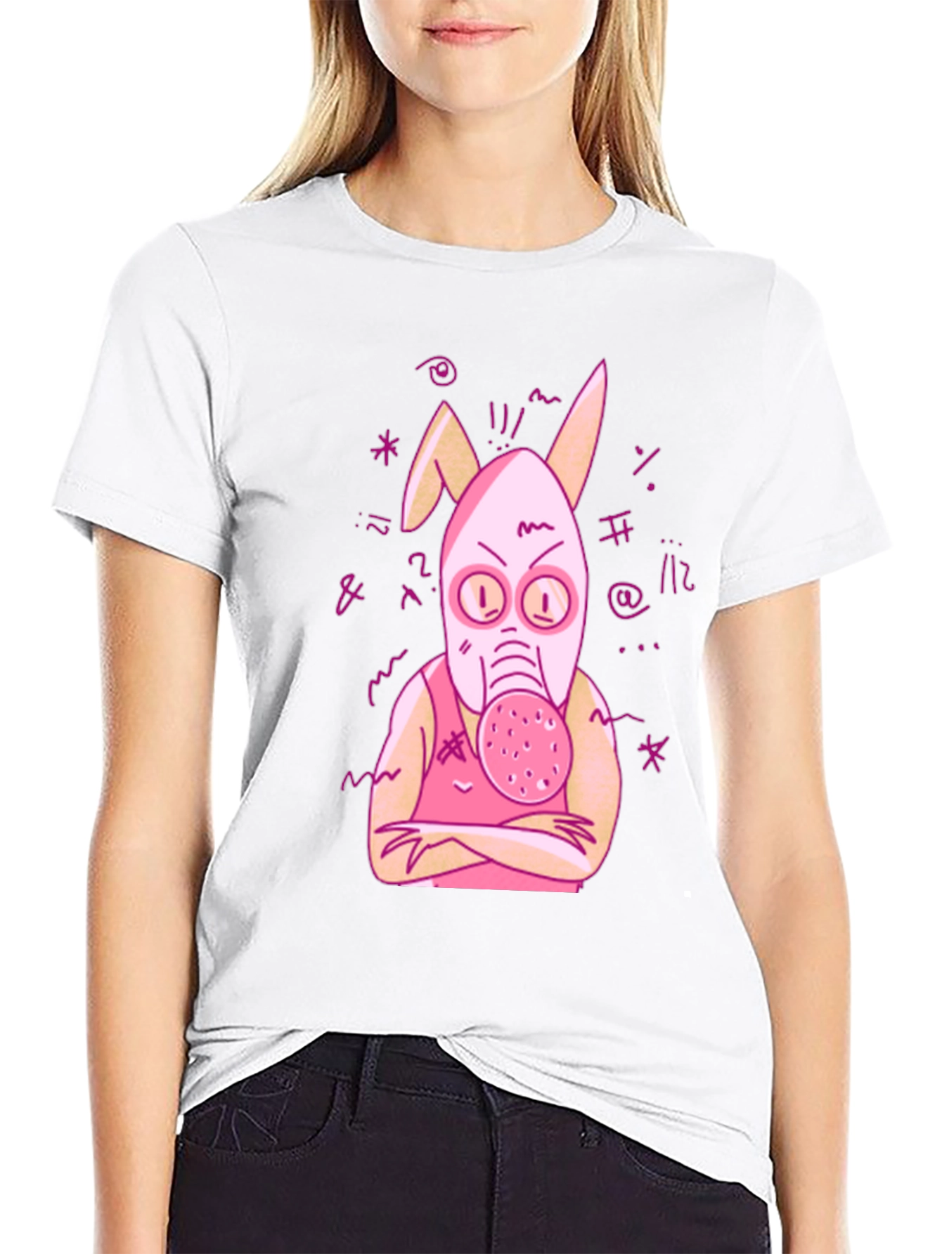Black Unique Graphic Tee - Pink Bunny Gas Mask Design view 9