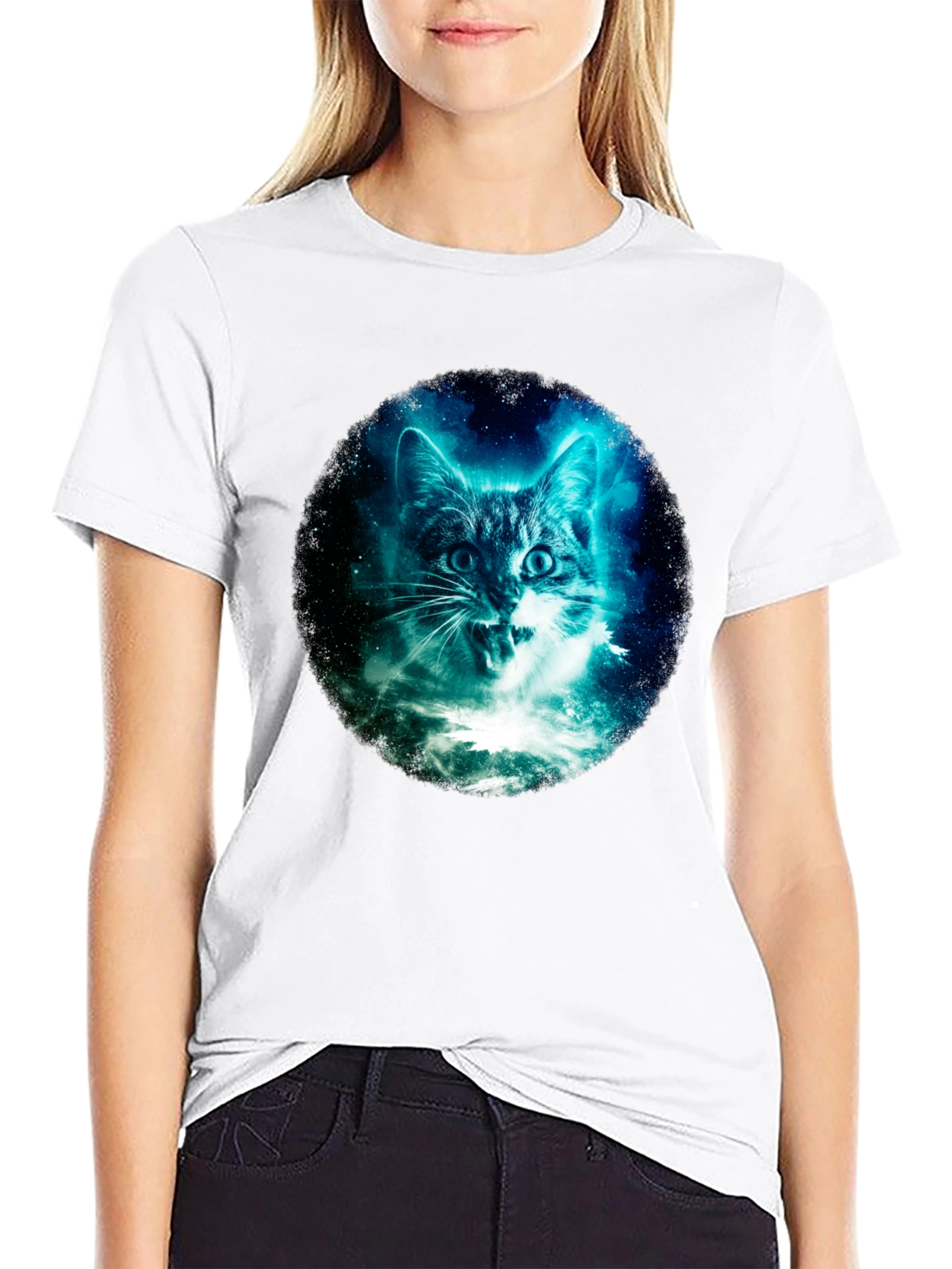 Black Galaxy Cat Graphic Tee - Black Cotton T-Shirt view 9