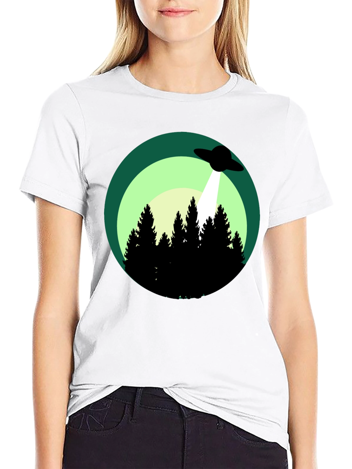 Black UFO Abduction Graphic Tee - Forest Scene Black T-Shirt view 9