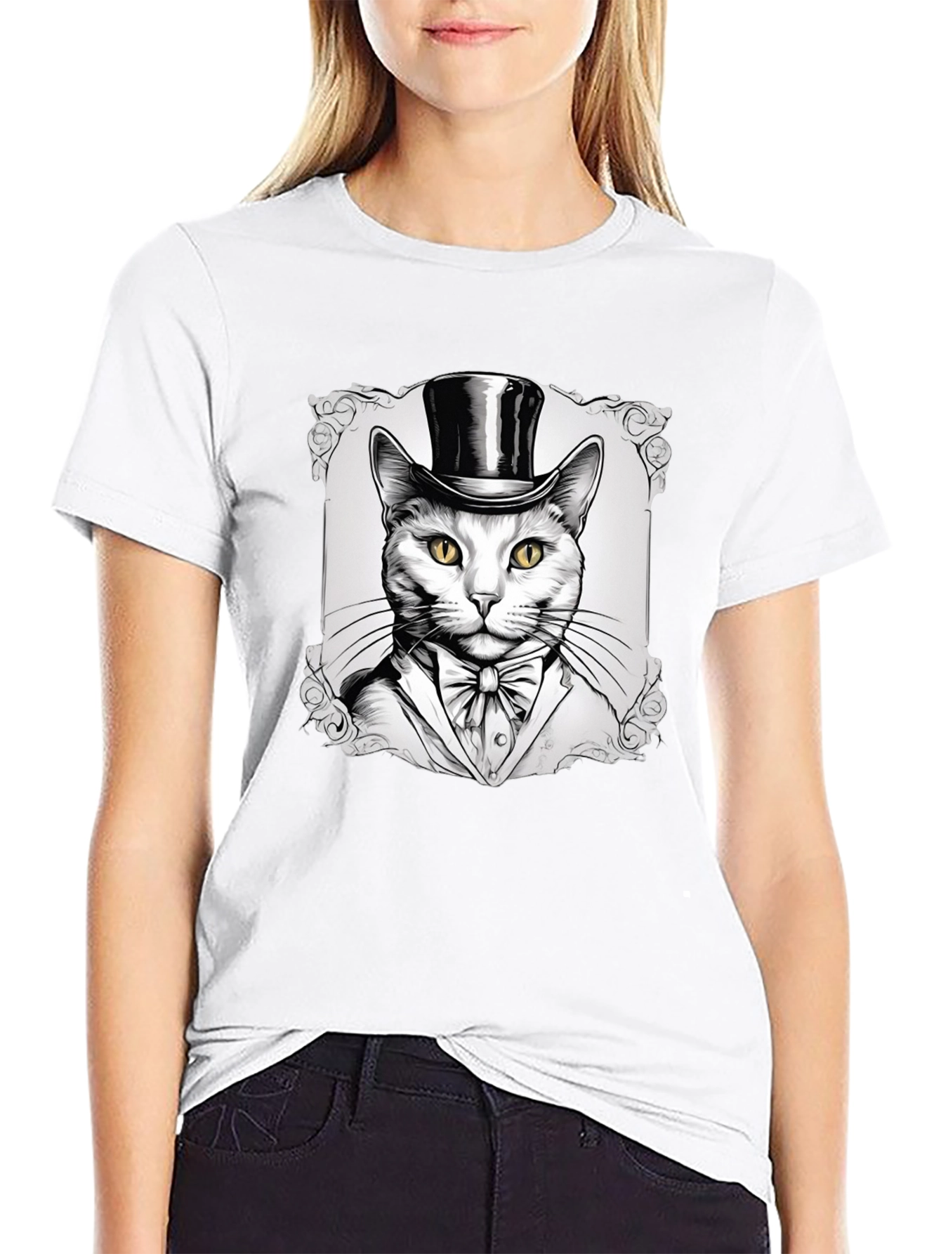 Black Top Hat Cat Graphic T-Shirt - Stylish Feline Design view 9