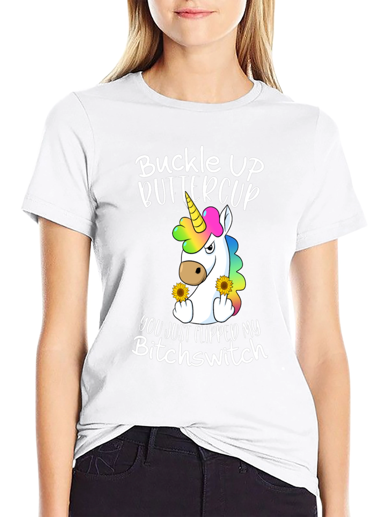 Black Buckle Up Buttercup T-Shirt - Unicorn Flipping You Off view 9