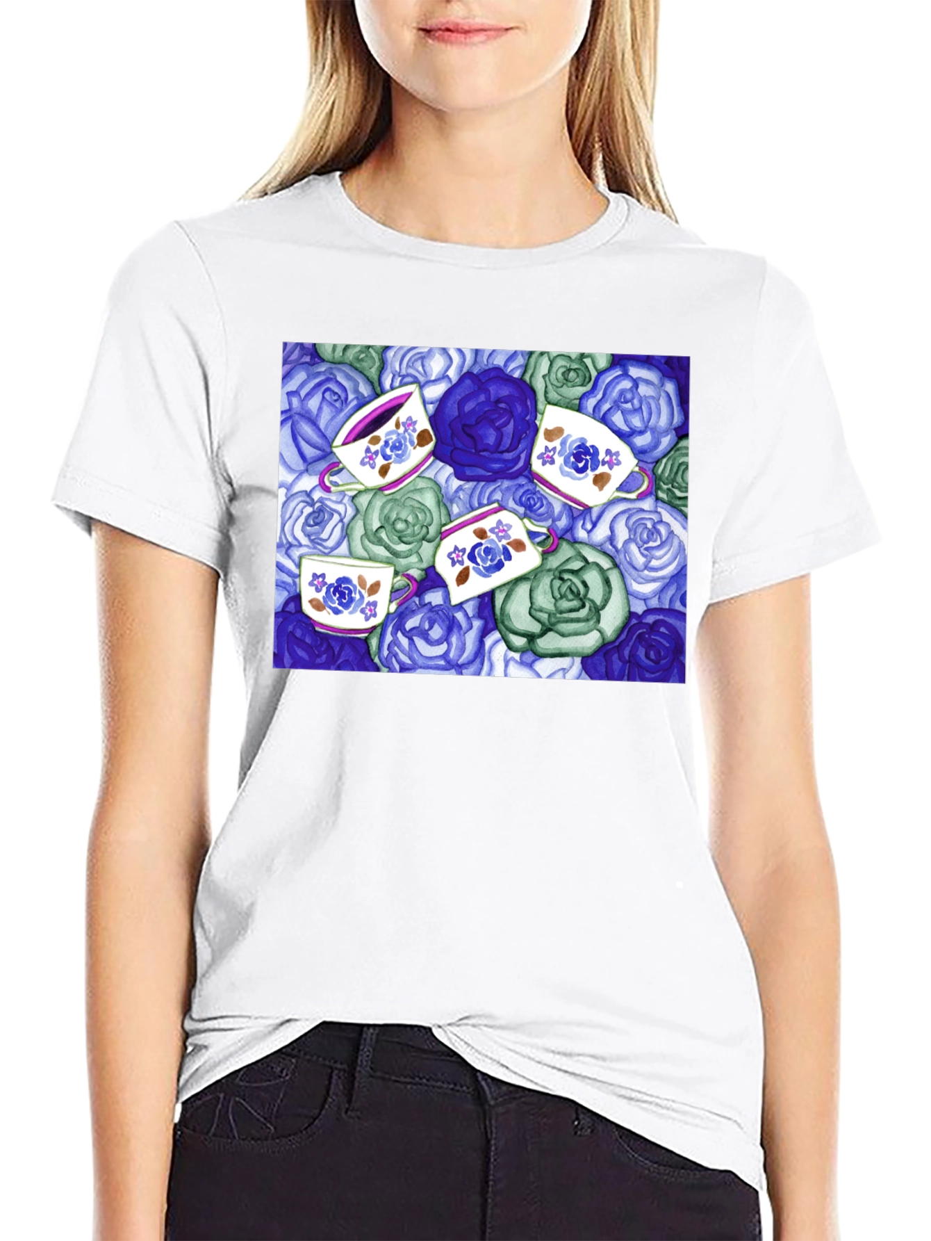 Black Floral Tea Cup T-Shirt - Unique Design view 9