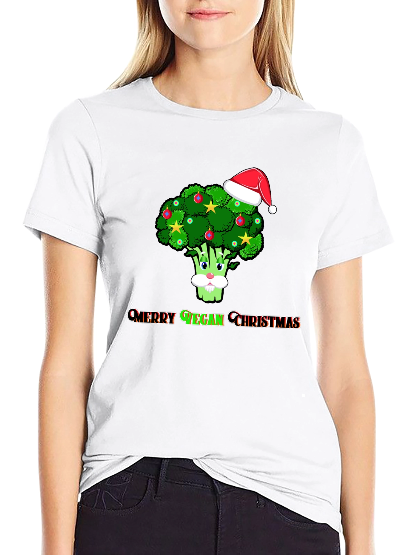Black Merry Vegan Christmas T-Shirt - Broccoli Santa Hat view 9