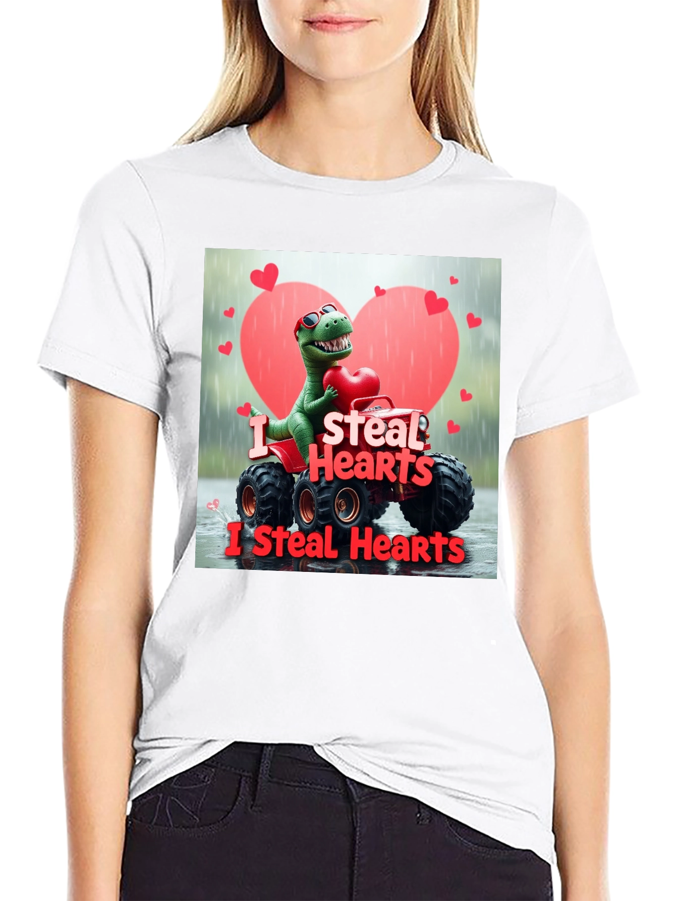 Black I Steal Hearts Dinosaur Monster Truck Valentine's Day T-Shirt view 9