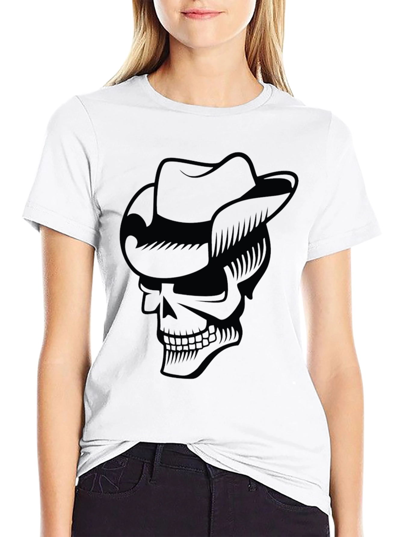 Black Skull Cowboy Hat Graphic T-Shirt - Cool Casual Tee view 9
