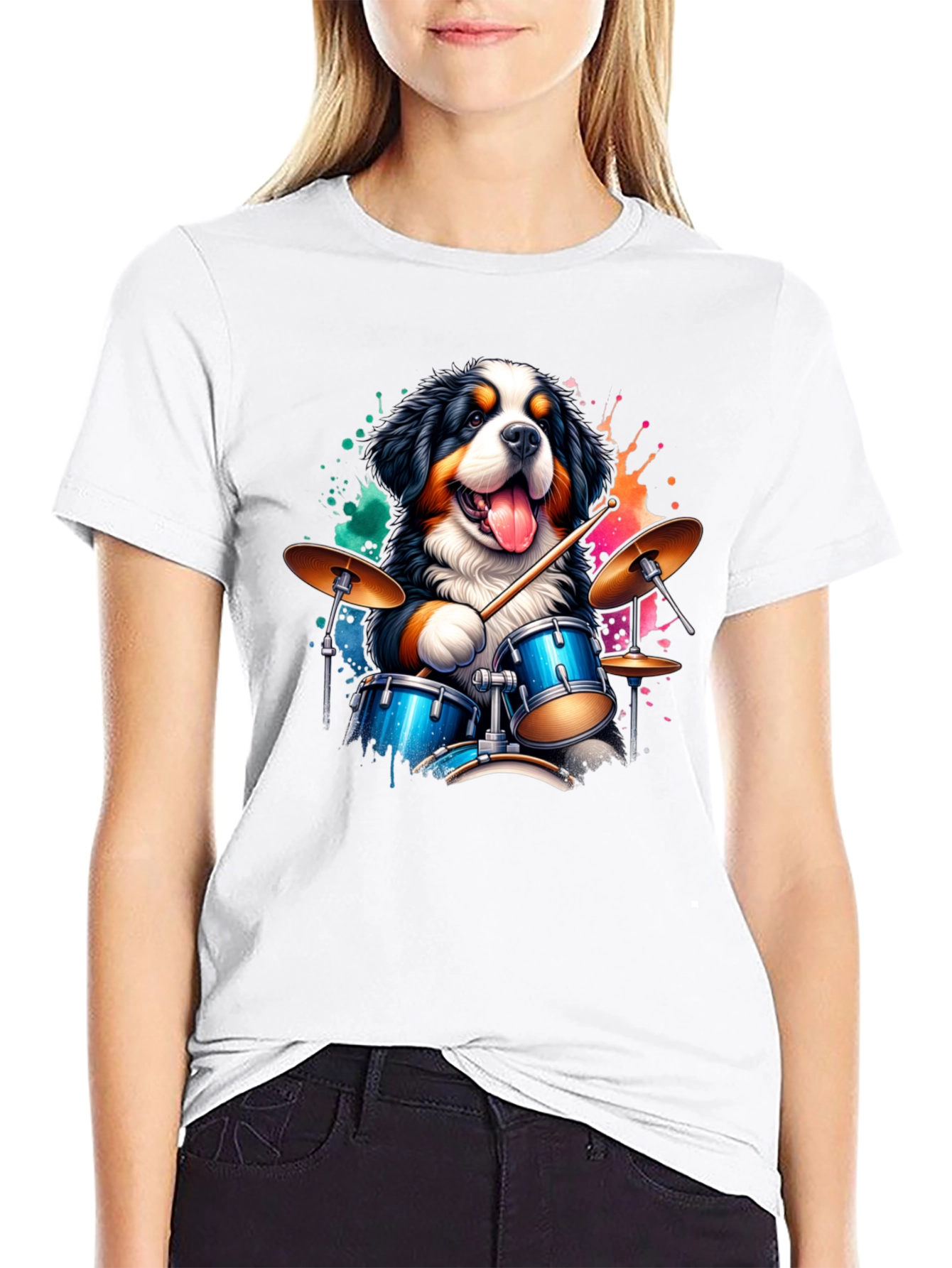 Black Drummer Dog Graphic Tee - Black Cotton T-Shirt view 9