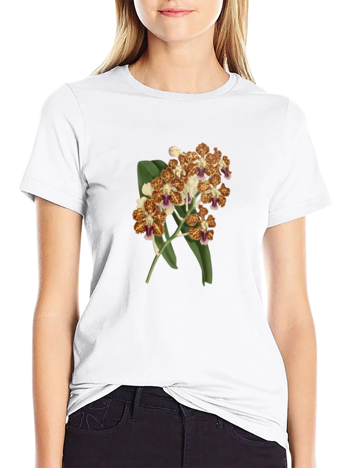 Black Floral Orchid Print Black T-Shirt view 9