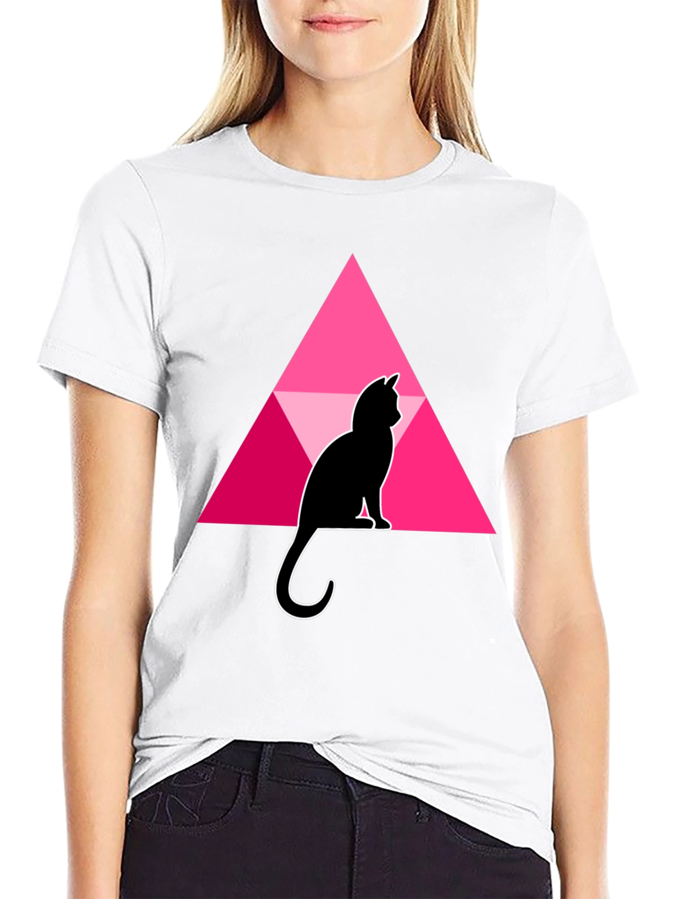 Black Cat and Triangle Graphic Black T-Shirt view 9