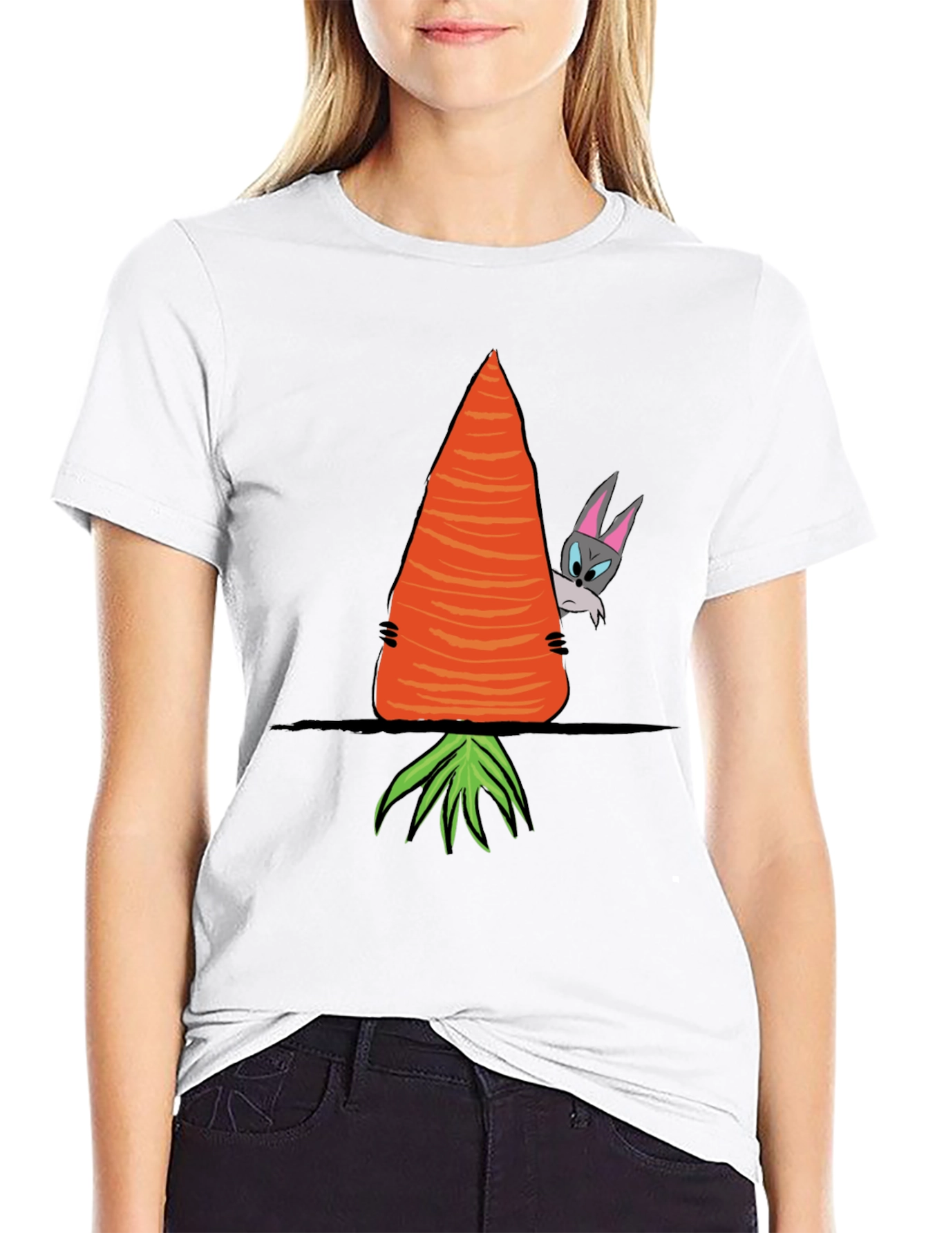 Black Funny Rabbit Peek-a-Boo Carrot Graphic Tee view 9