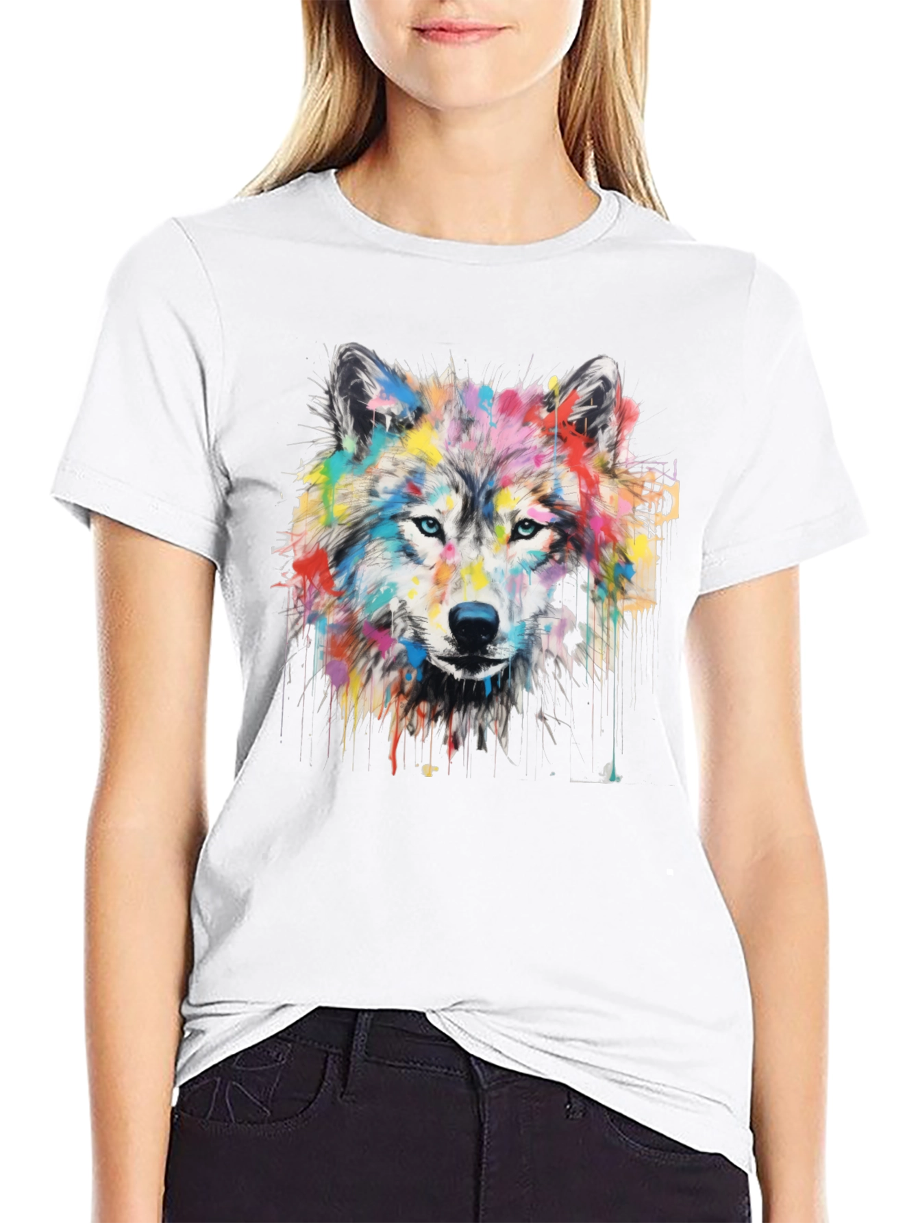 Black Colorful Wolf Graphic Print Men's Black T-Shirt view 9