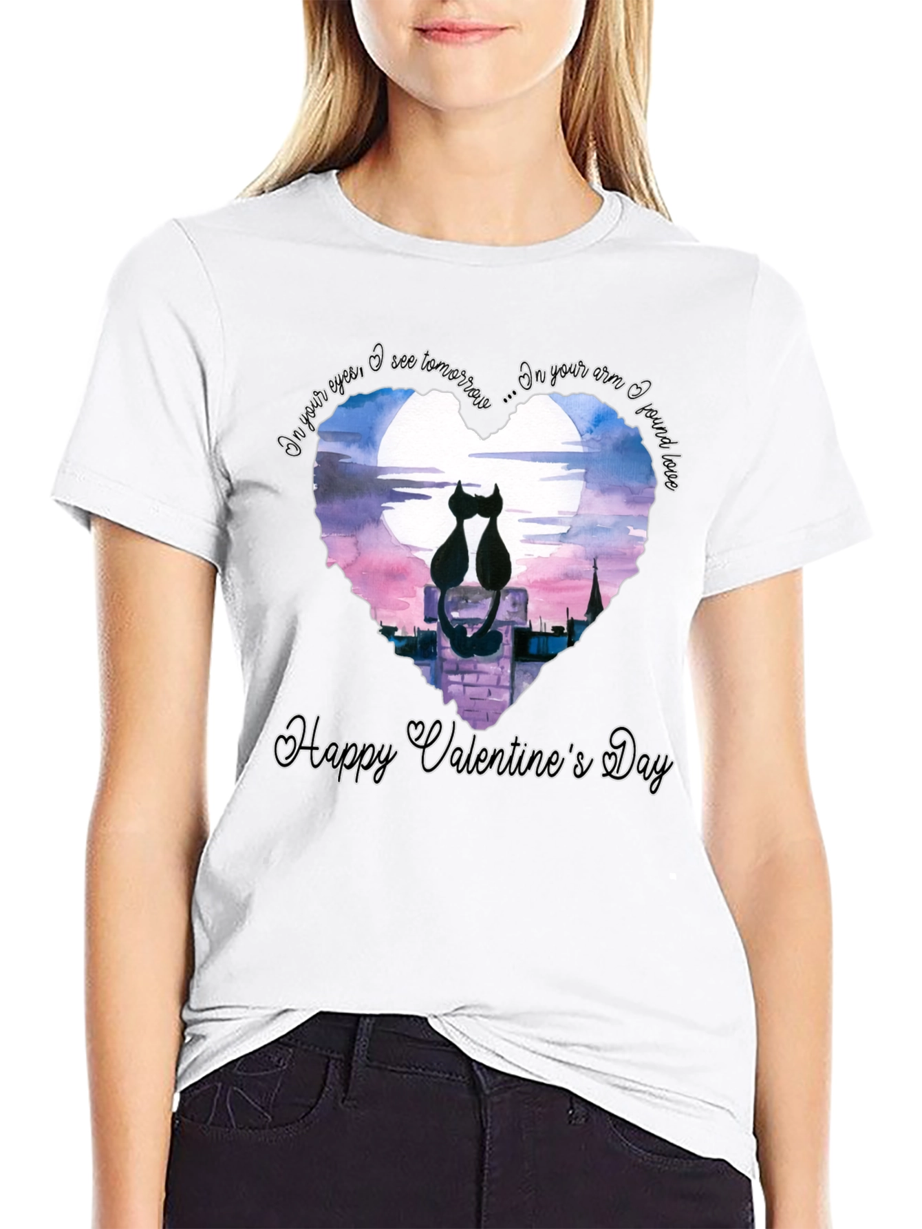 Black Valentine's Cat Lovers Black T-Shirt view 9
