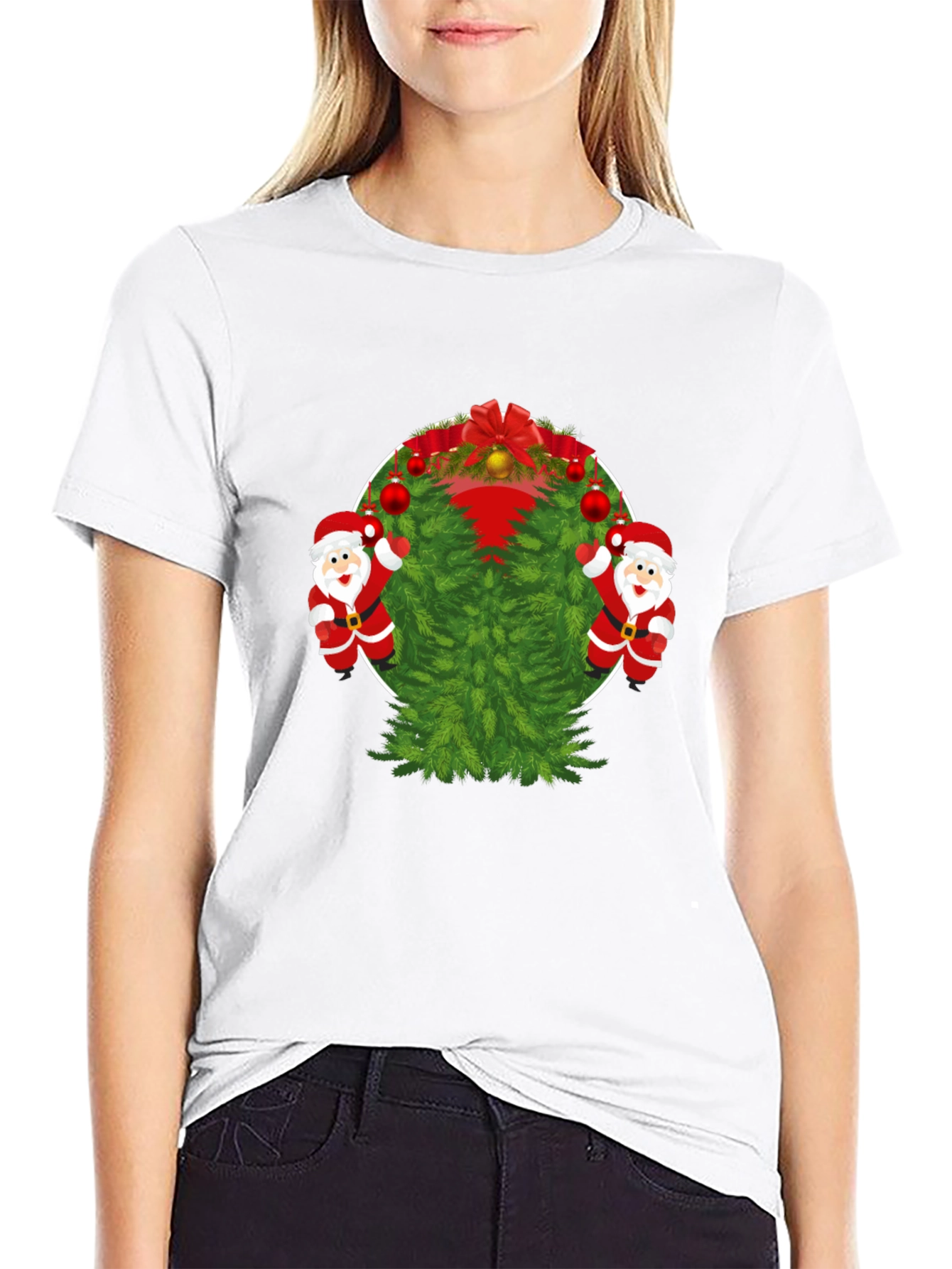 Black Festive Christmas Tree & Santa T-Shirt view 9