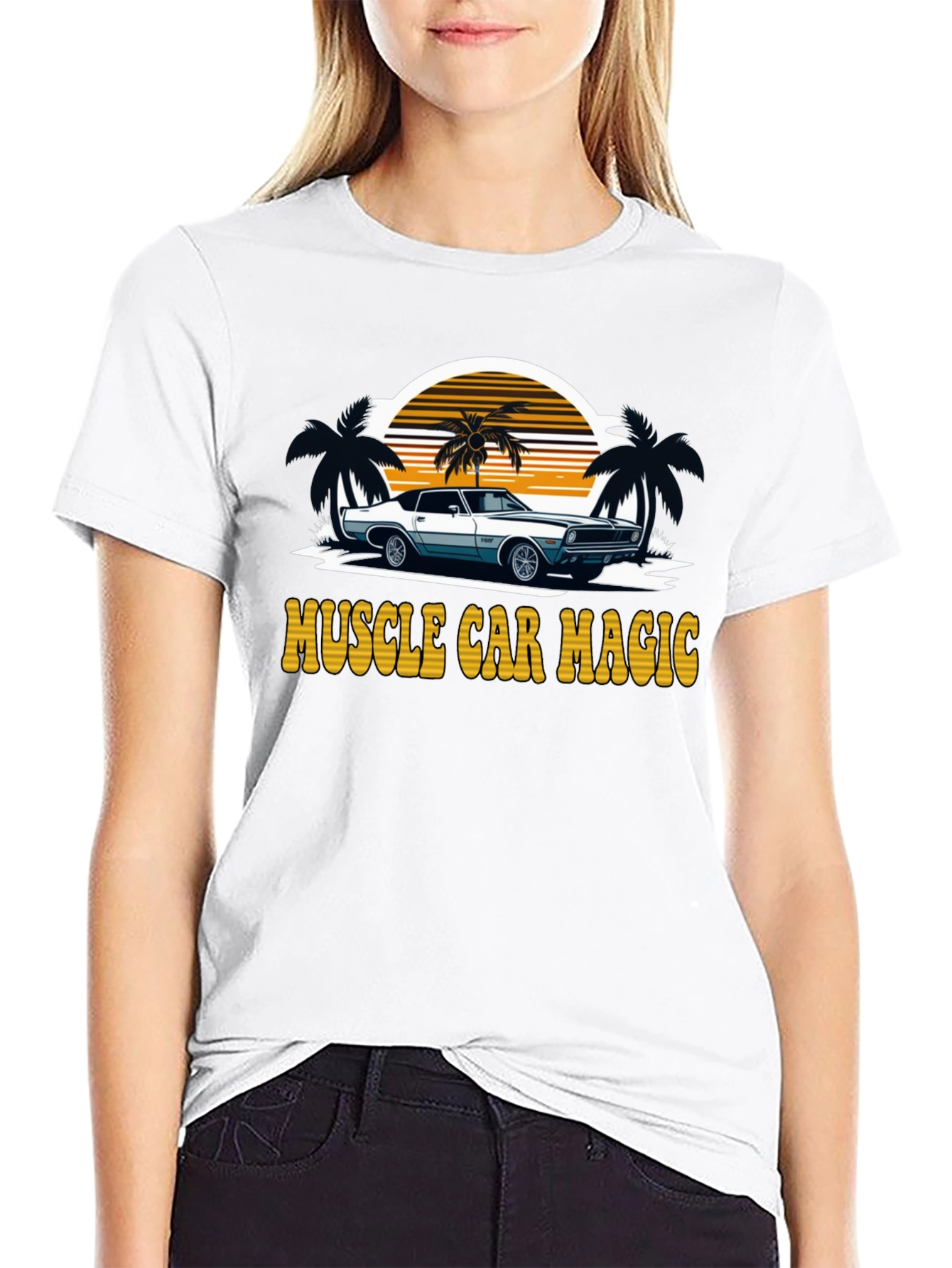 Black Muscle Car Magic Tee - Vintage Sunset Design view 9