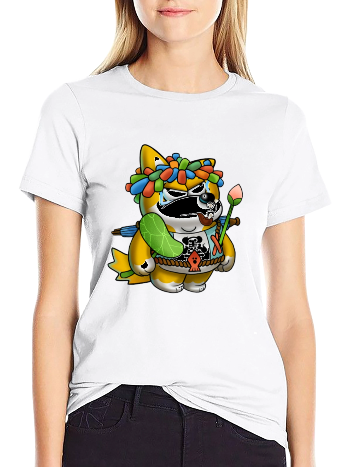 Black Unique Graphic Tee - Cartoon Tanuki Design view 9