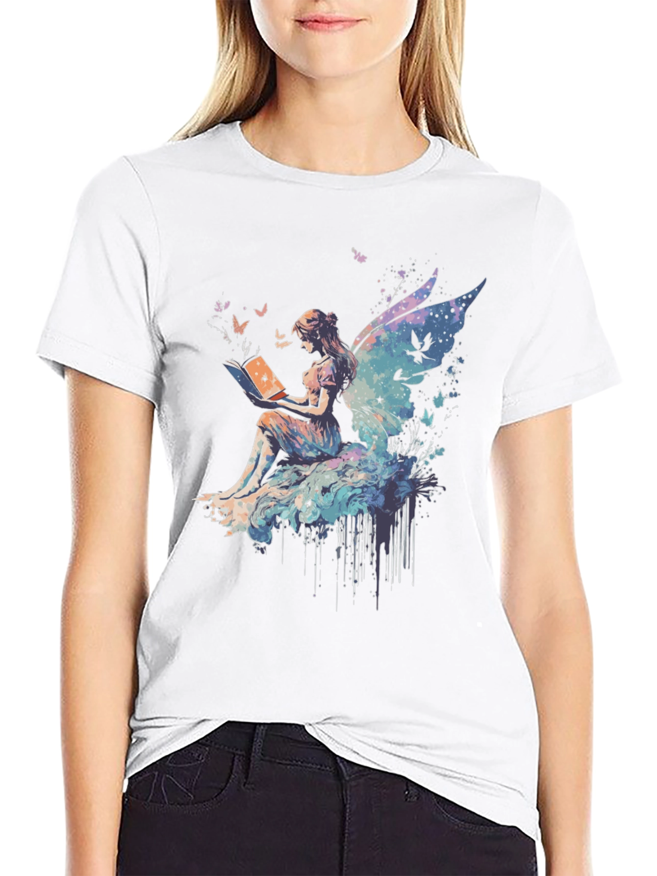 Black Whimsical Fairy Reading Book Graphic T-Shirt view 9