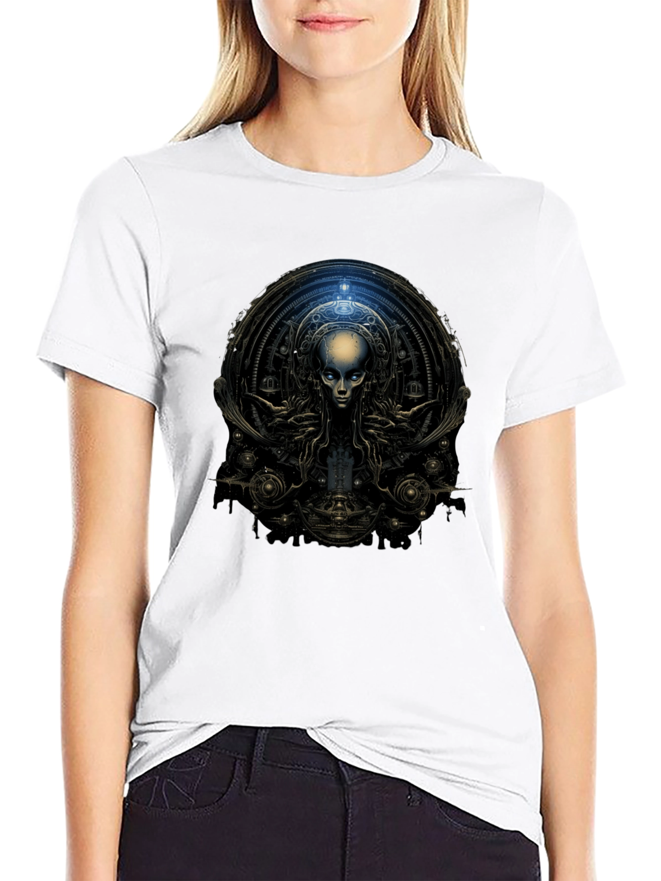 Black Surreal Alien Graphic Black T-Shirt view 9